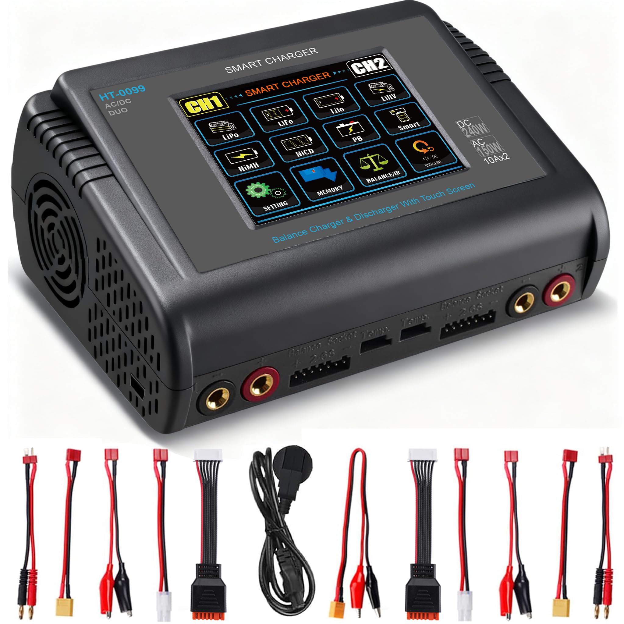 HTRC Lipo Ladegerät Duo & Entlader, RC Akku Ladegerät 150W AC 240W DC mit Balancer, Lipo Charger 10A für LiPo, Life, LiHV, Li-Ion, NiMH, NiCD, PB Batterien und RC-Auto/Boot, Airsoft Akkus