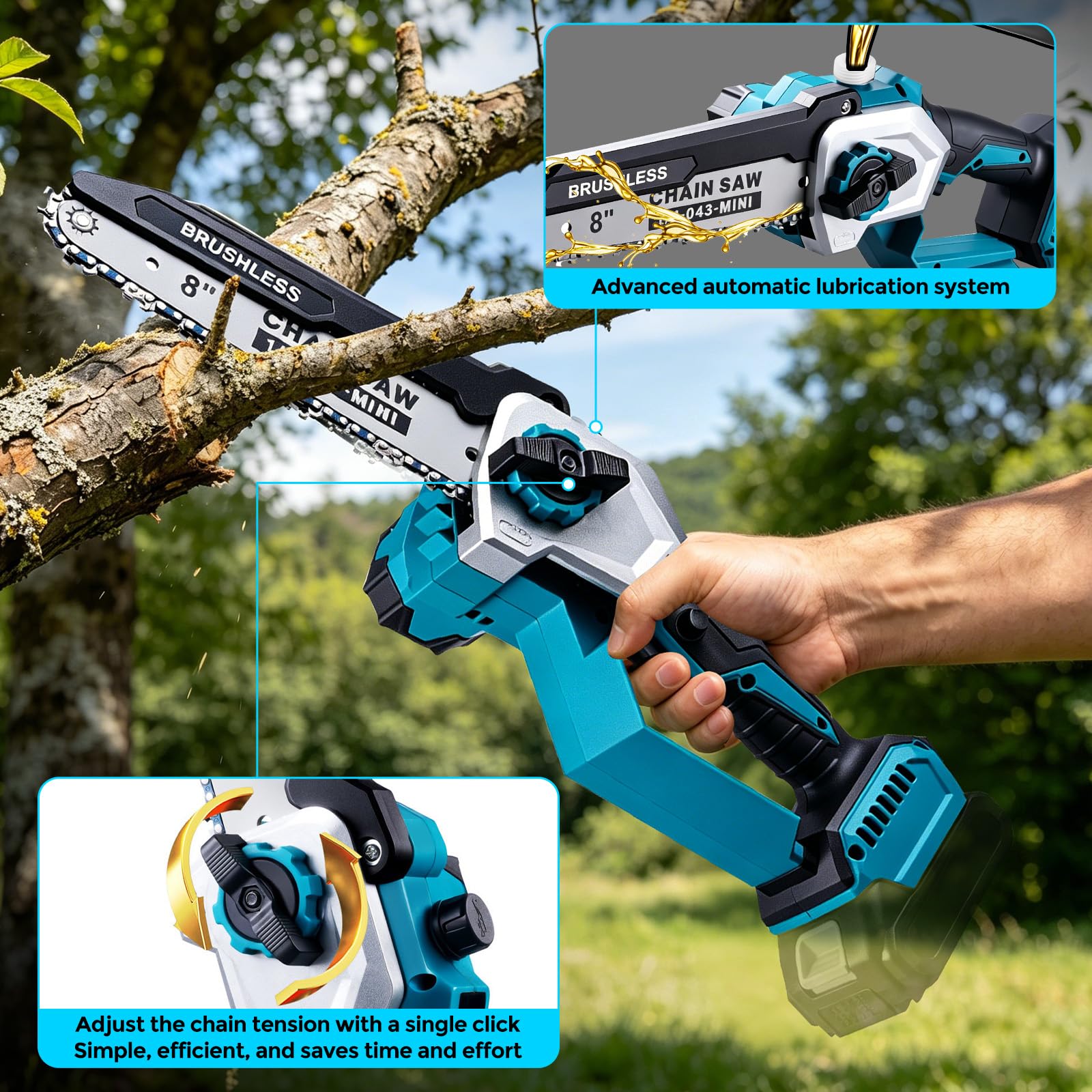Tronçonneuse professionnelle sans fil, mini tronçonneuse sans fil de 20,3 cm avec 2 batteries de 4,0 Ah et chargeur, batterie avec manche télescopique pour coupe d'arbres, scie d'élagage électrique