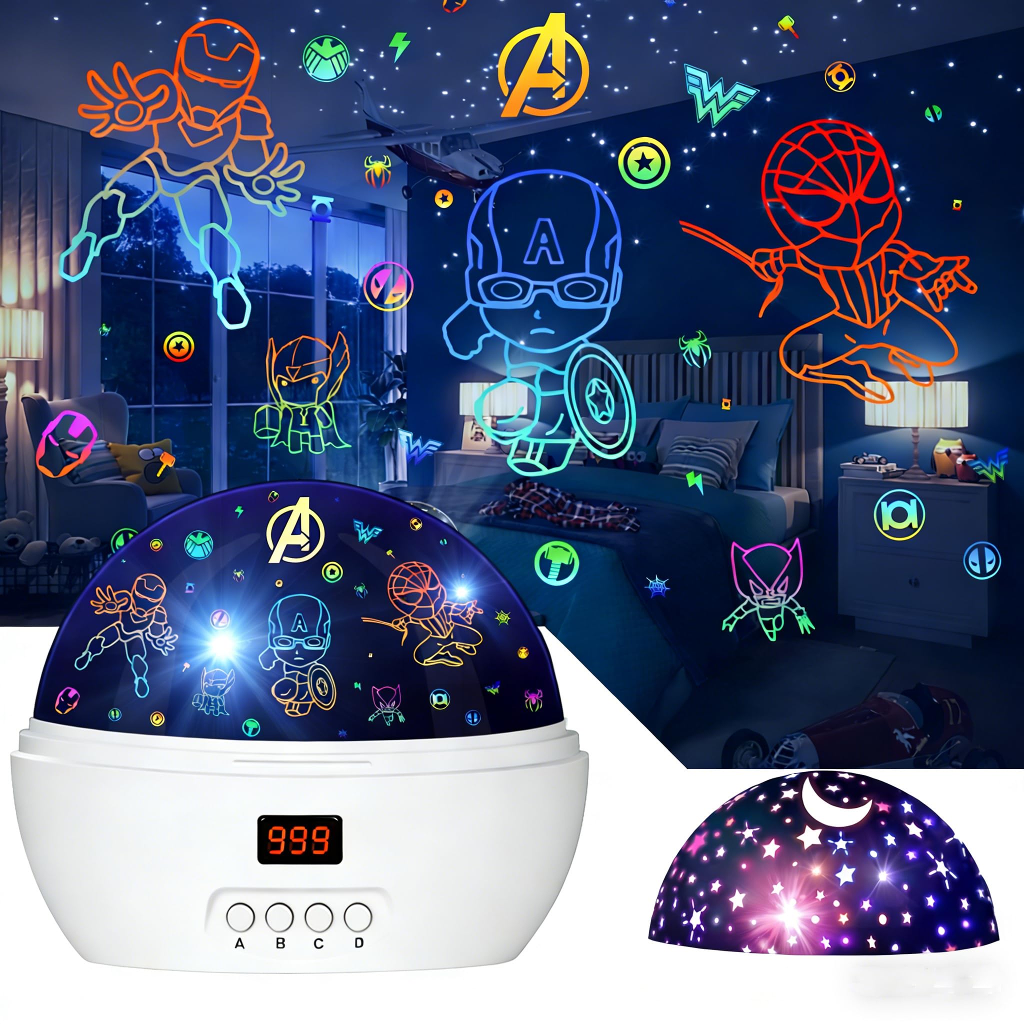 MOKOQI Proiettore di luce per bambini, giocattoli da supereroe per ragazzi 5-7 Avengers Proiettore di luce notturna con timer per camera dei bambini, rotazione di 360 gradi Luci notturne per bambini