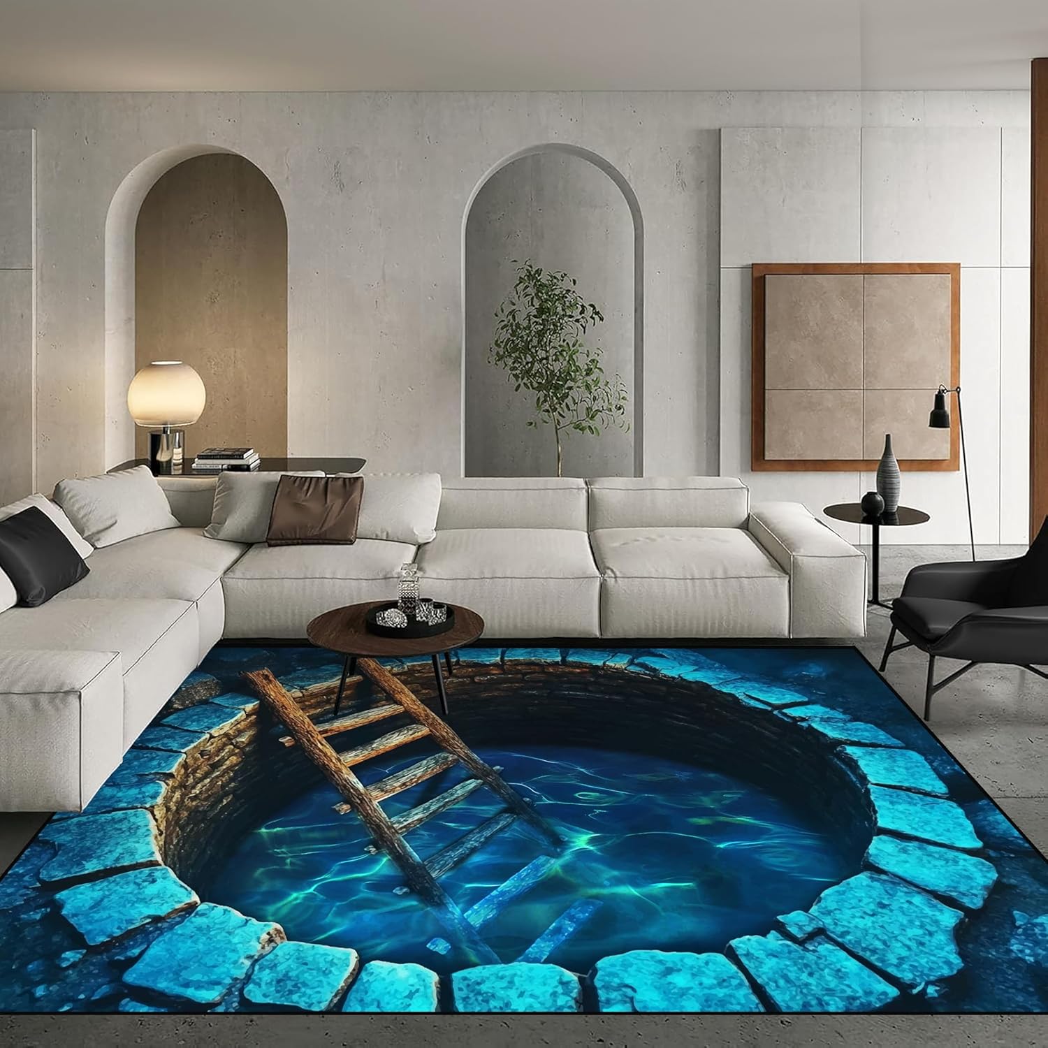 3D Illusion Area Rug, 3x4ft, Deep Well Rugs That Look Like A Hole Wooden Ladder Optical Design Accent Rug, Non Slip Fade Resistant Dark Blue Carpet for Living Room Entryway