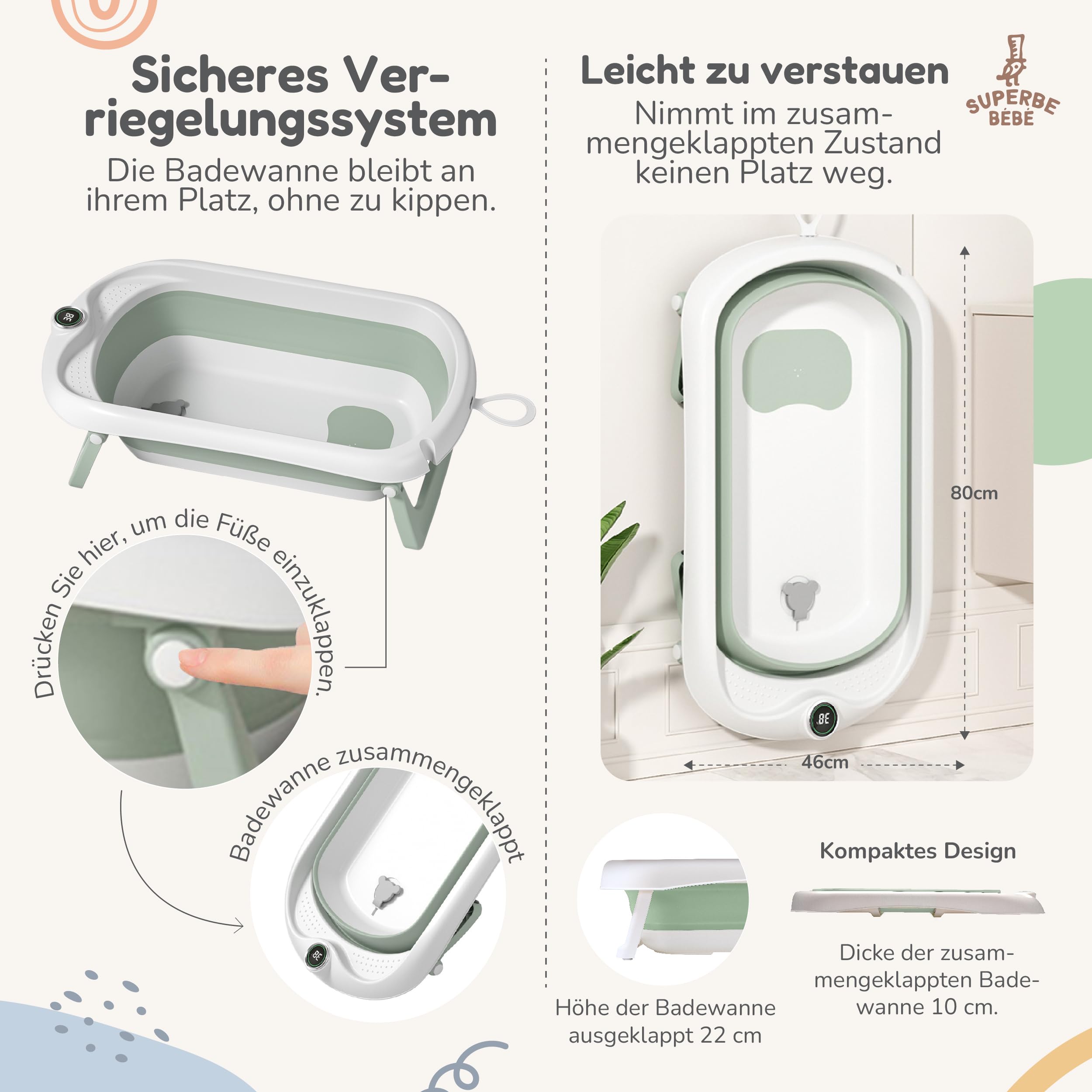 Faltbar Baby Badewanne Mit Rutschfestem Badewannensitz - Babywanne Xxl Mit Badethermometer - Von Der Geburt Bis 3 Jahre - Baby Bathtub - Babygeschenk - Geburtsgeschenke Für Mädchen & Jungen