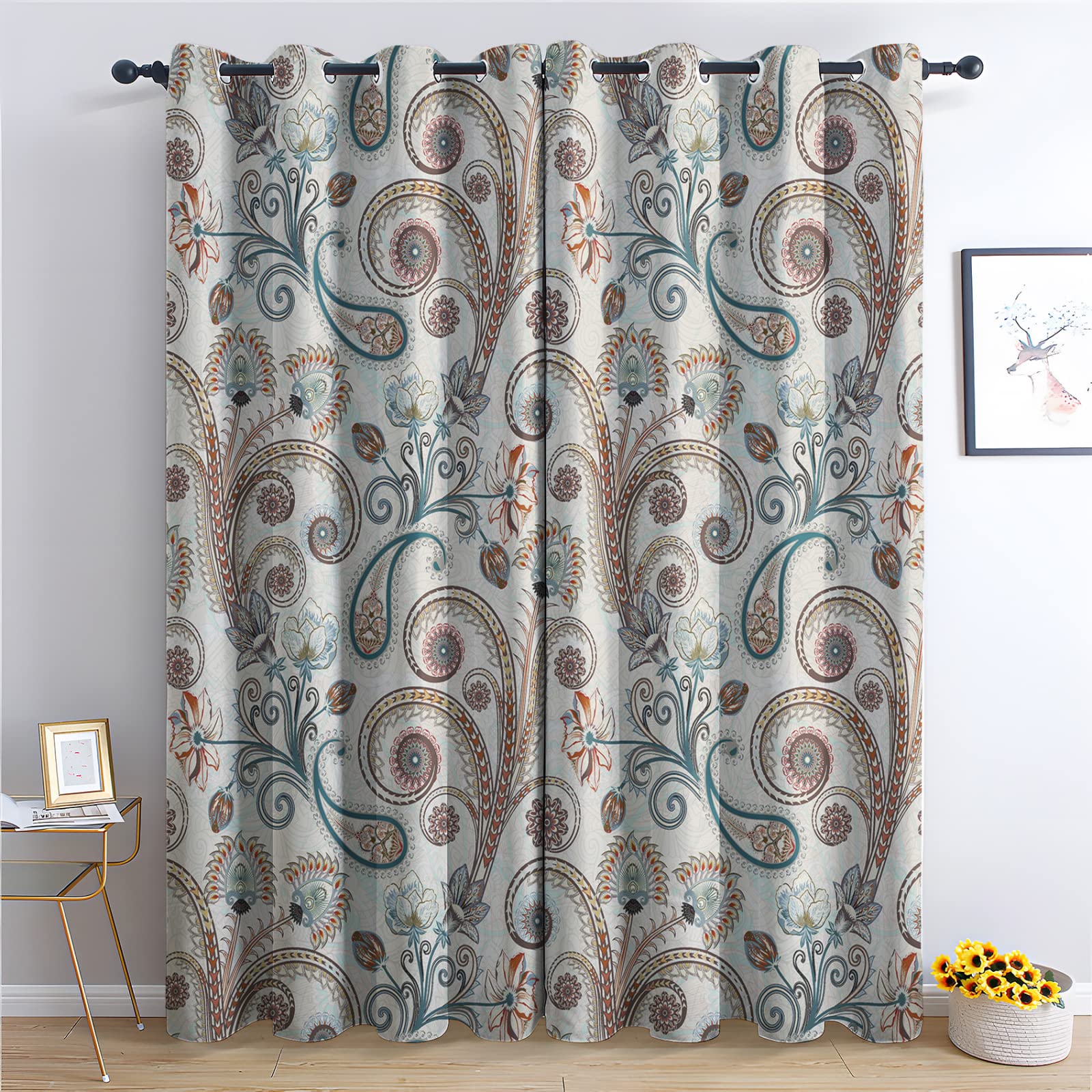 TAKUAN Rassisch Vorhänge Paisley Blumenmuster Muster Verdunklungsvorhänge, Vorhang Blickdicht mit Ösen Gardinen Wohnzimmer Schlafzimmer Kinderzimmer Dekoration 2er Set-160 x 132 cm (H X B)