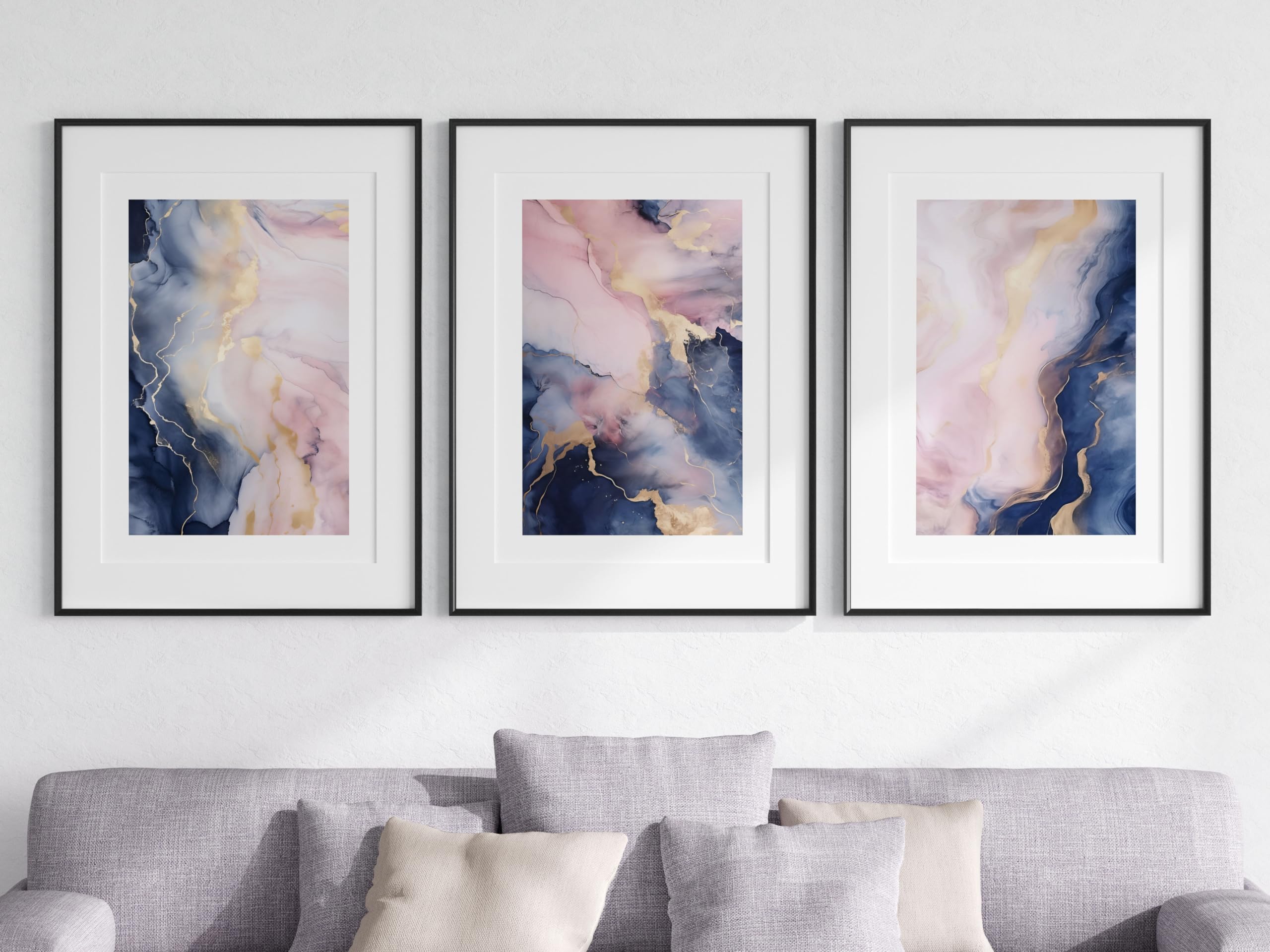 Navy Pink Liquid Marble Set of 3 Unframed Wall Poster Prints, Liquid Marble Textures