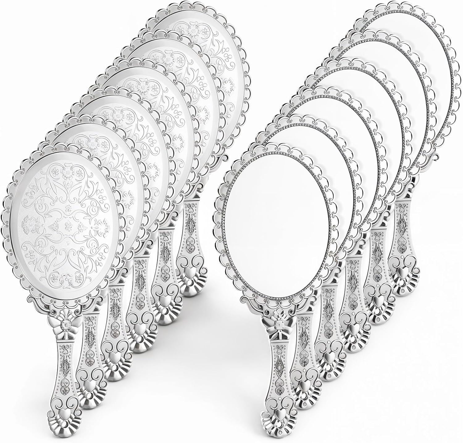 12 Pcs Vintage Handheld Mirror with Handle, 10" L x 4.5" W Sliver Vanity Makeup Mirror Travel Mirrors, Travel Hand Mirrors for Women Embossed Flower Portable Princess Mirrorss for Decorative Tabletop