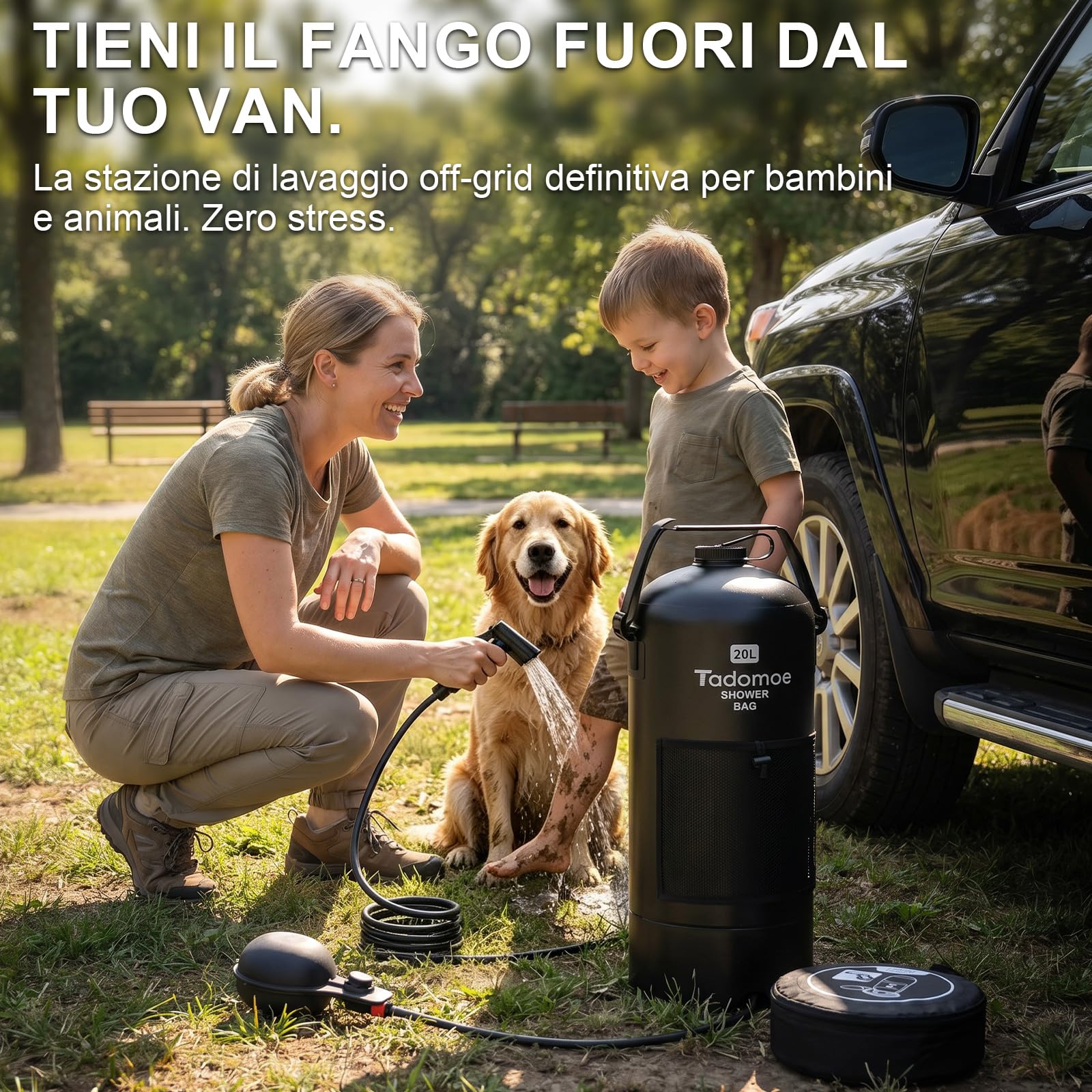 20L Doccia da Campeggio con Pompa a Pedale e Tubo da 2m, Doccia Portatile Solare Borsa con Borsa di Trasporto e Soffione - Doccia Mobile per Camping, Spiaggia, Cani e Giardino