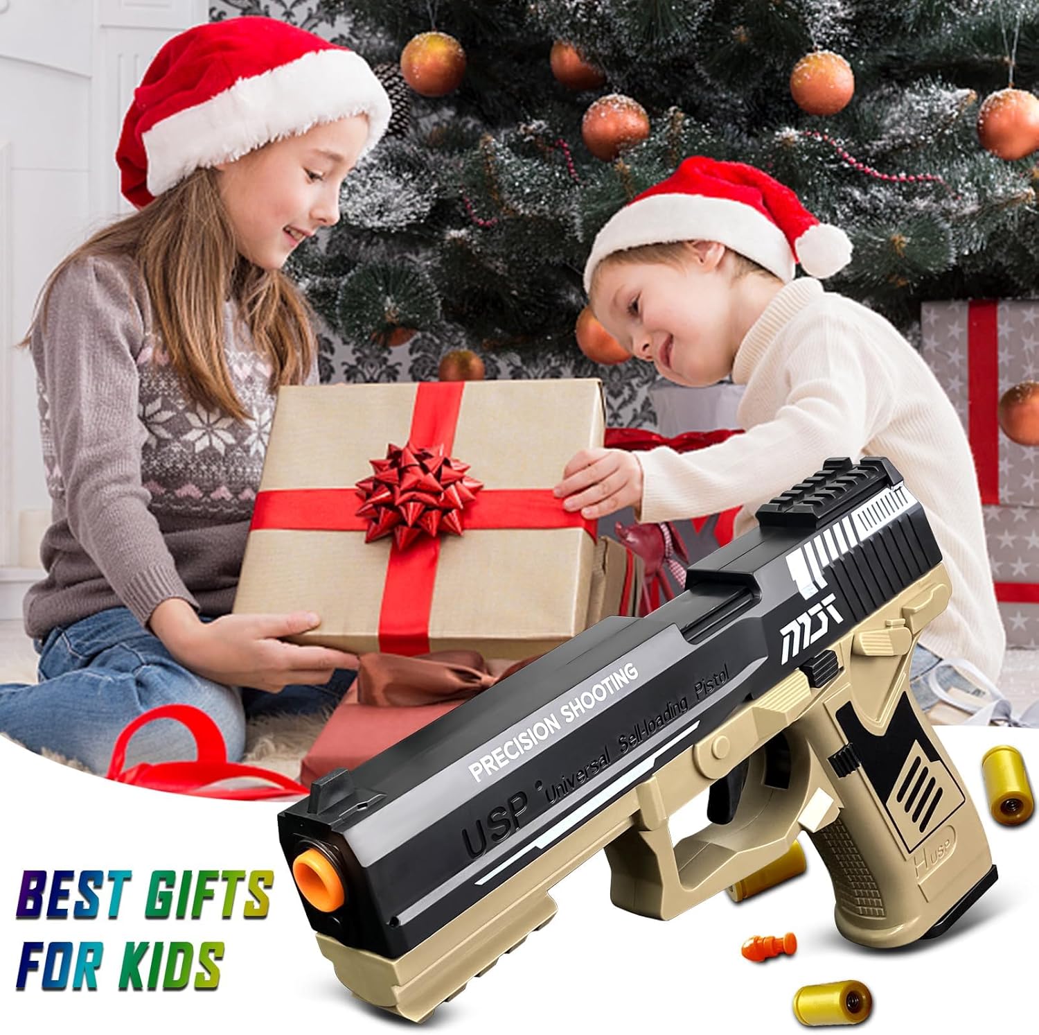 Toy Guns with Automatic Reloading Rebound, Soft Bullet Toy Gun Pistol with Ejecting Shells, Shooting Games Education Model Gifts for Kids Boys Girls (Khaki)