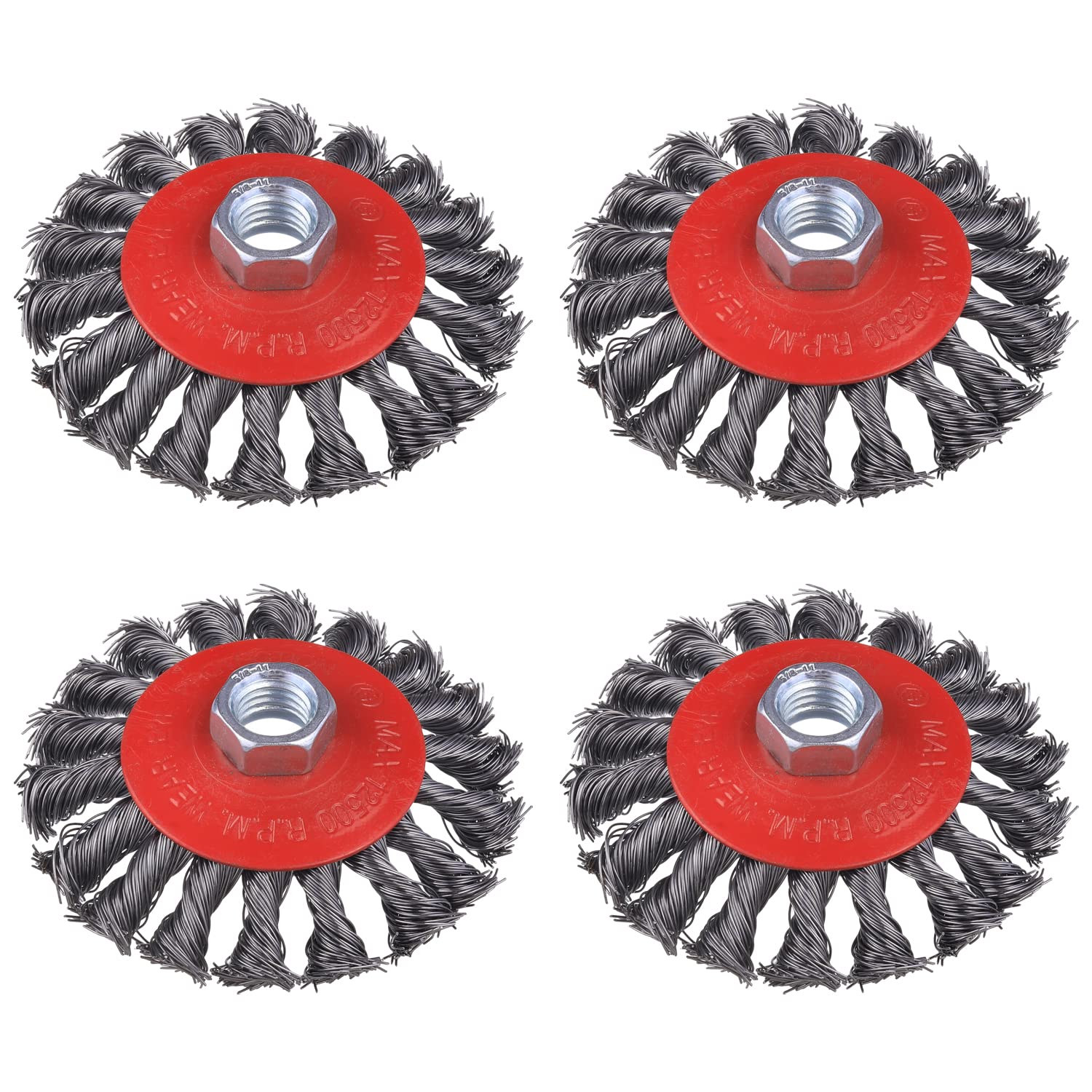 WENORA 4 Pack 4 Inch Twist Knotted Wire Wheel Brush for Angle Grinder with 5/8 Inch-11 Threaded Arbor, for Heavy-Duty Conditioning for Various Metals