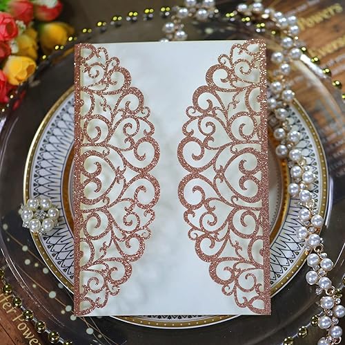 Miniatura 2 de 50sets Invitaciones Matrimonio Láser Oro Azul Plata Glitter Papel Corte Láser Invitación de Boda con Cinta Decoración de Boda (solo tarjetas de