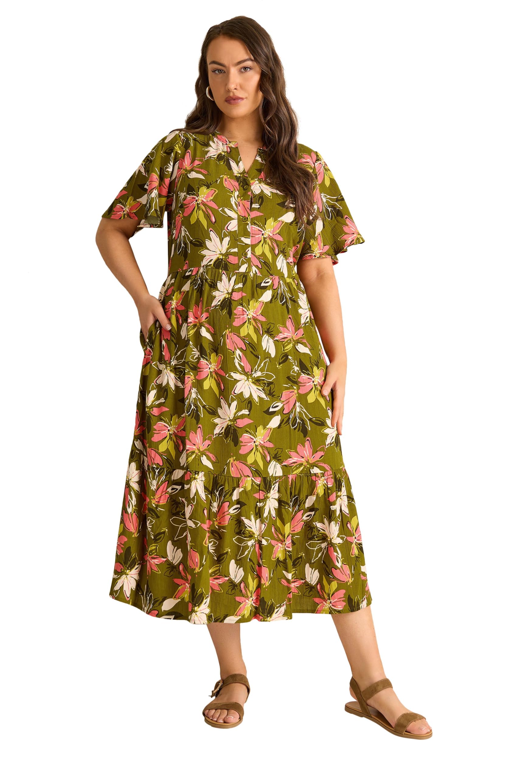 EVANS Curve Green Floral Tiered Dress - Women's - Plus Size Curve