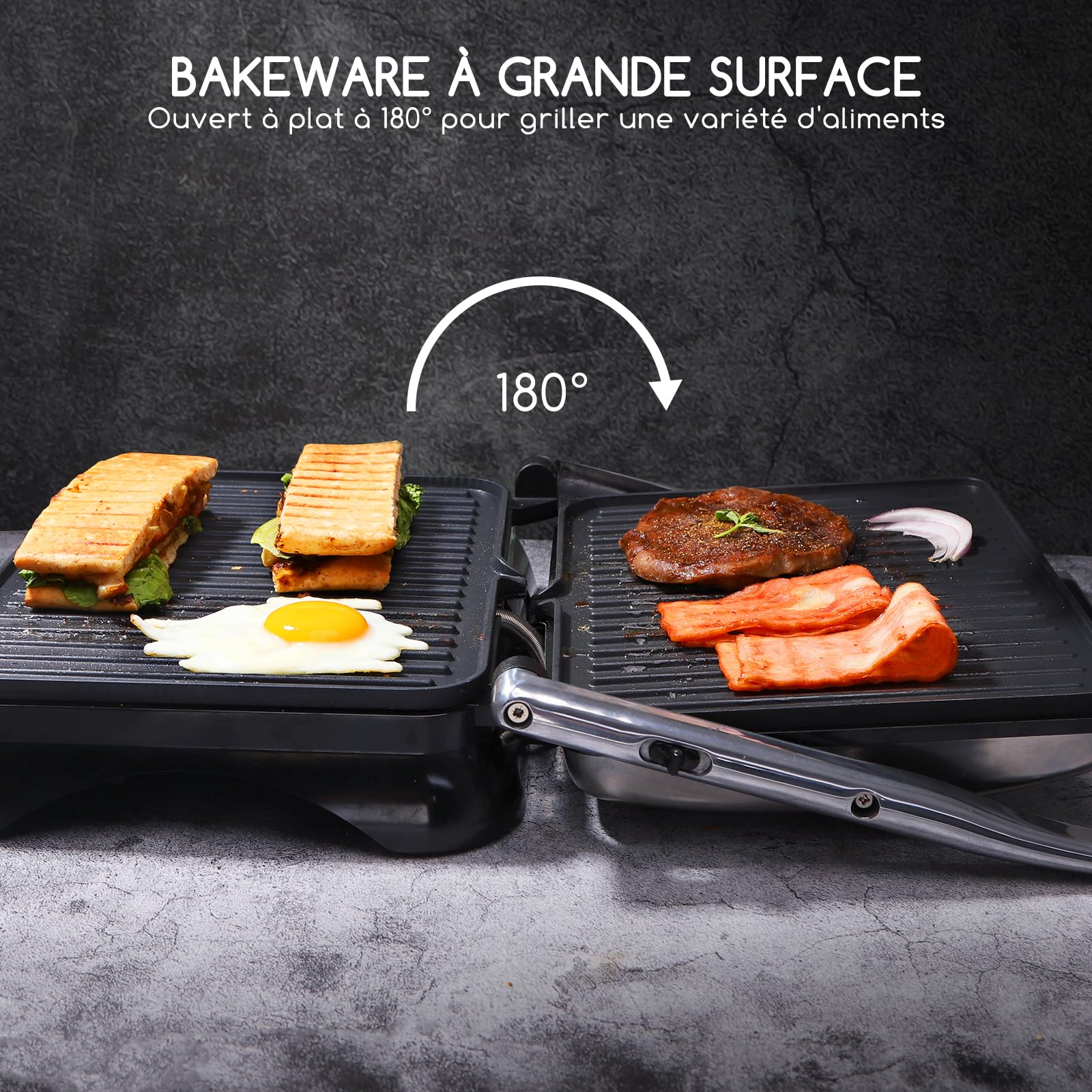 Aigostar Machine à Panini 2000W avec Thermostat Réglable, Ouverture à 180° | Grill électrique avec Plaques Antiadhésives, Bac à graisse amovible, pour Paninis, Sandwichs, Viande et Légumes | Samson