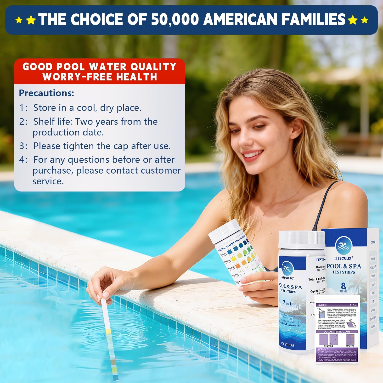 Tiras de prueba 8 en 1 para piscina, kit de prueba de agua de spa y jacuzzi, kit de prueba de agua de piscina para cloro libre, cloro total, bromo, pH, alcalinidad, dureza, ácido cianúrico