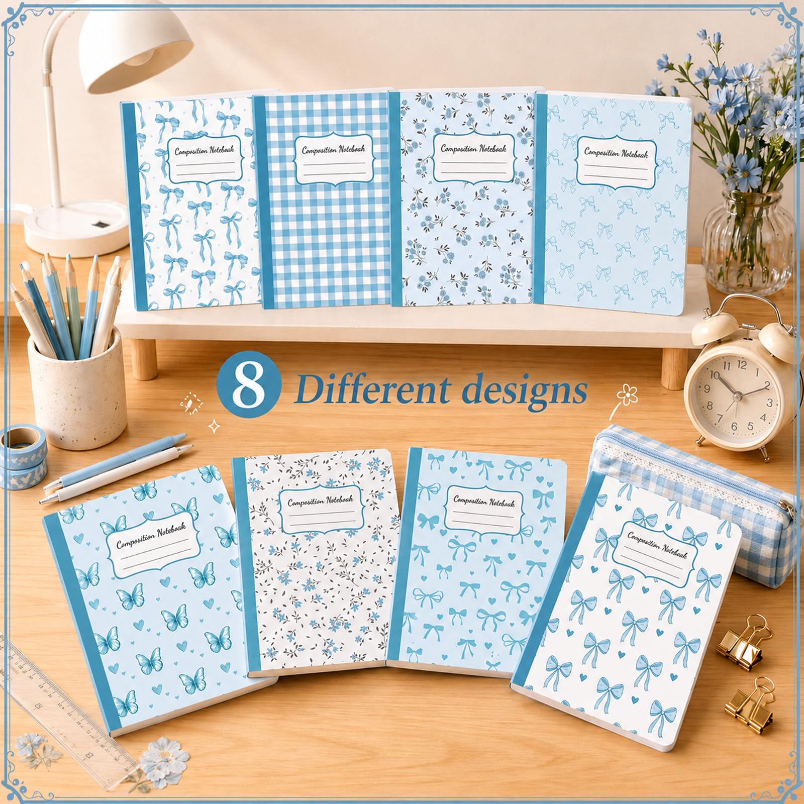 8 Pack Blue Bow Composition Notebooks Bulk Blue Notebook College Ruled Journal 100 Pages Cute Aesthetic Bow Composition Books Back to School Gift for Student Teacher Office Supplies 9.7x7.5 Inch
