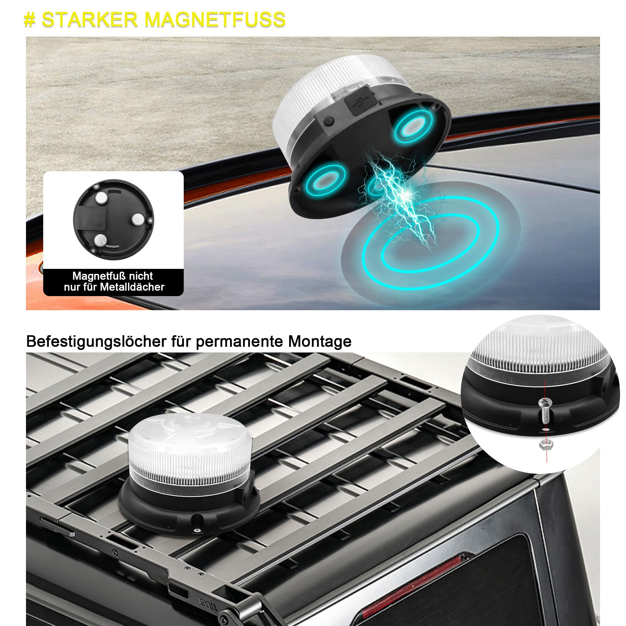 Gyrophare LED Fxlpower 9 Modes - Avec Base Magnétique Pour Camions, Tracteurs - IP67 étanche - Alimentation 12-24V