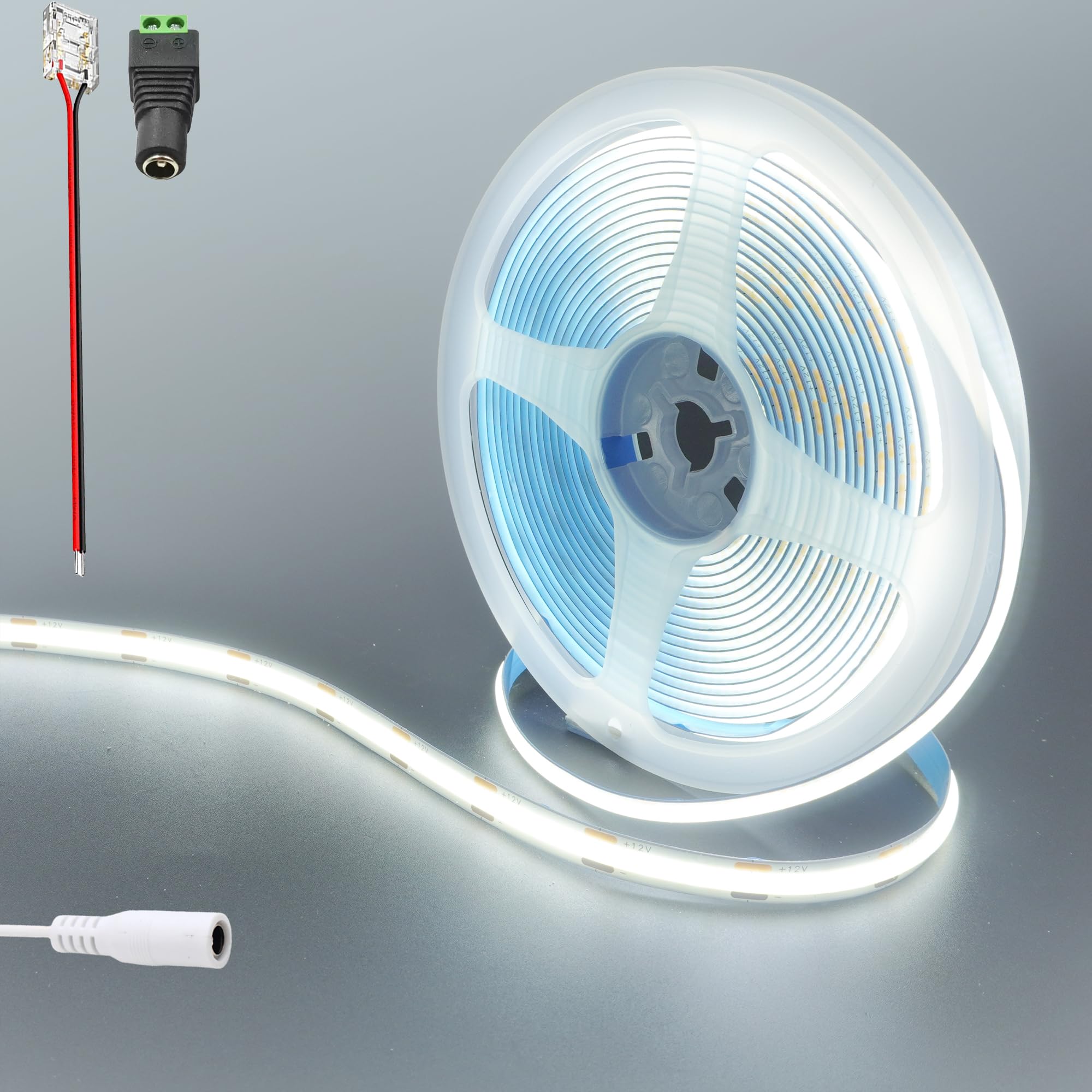 Clearhill 12V COB 480LED Strip Lights,9.84FT/3M(No Power Supply),Cool White 6500K,1440LED,with 5521DC Female Connectors,8mm Width,IP20,for DIY Home Indoor Decoration