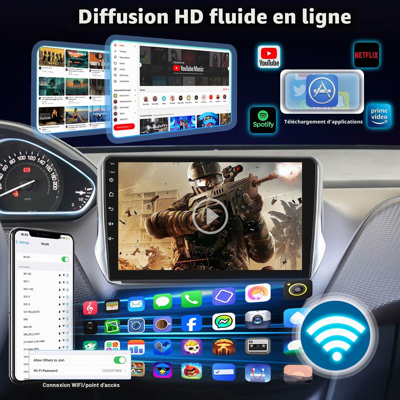 Autoradio Android 8 Cœurs 1,8 GHz Qualcomm Chip 4+64G pour Peugeot 208/2008 2012-2018, Radio avec écran Tactile de 10 Pouces, Carplay et Android Auto sans Fil, Caméra de Recul AHD + DSP, OEM