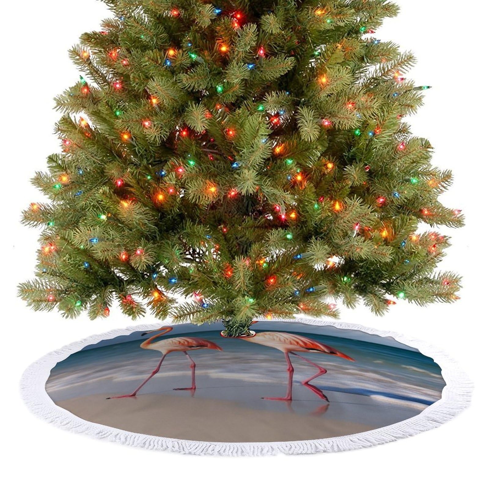 Flamingo On The Beach Christmas Tree Skirt 48"x48" Rustic Xmas Tree Mat with Tassel Ornament Christmas Trees Cover Skirt Mat for Evergreen Trees Ornament Winter Holiday Mats Decorations