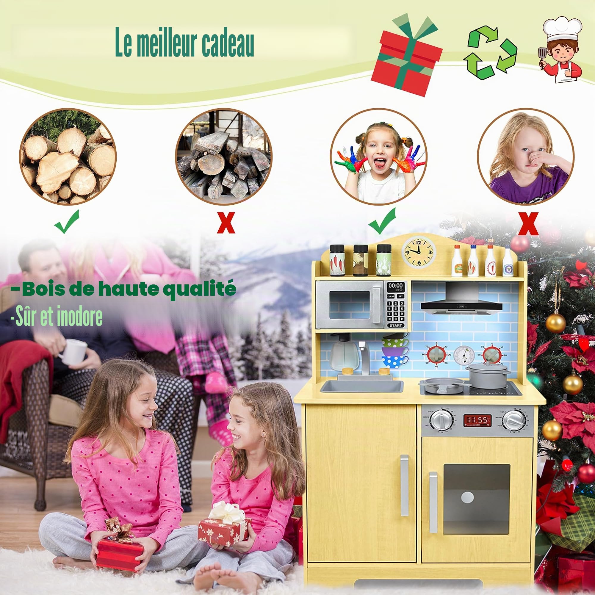 UISEBRT Cuisine Enfant en Bois, Cuisine Jouet avec Plaque de Cuisson, évier, Micro-Ondes, Hauteur 92 cm, Dès 3 Ans, modèle B