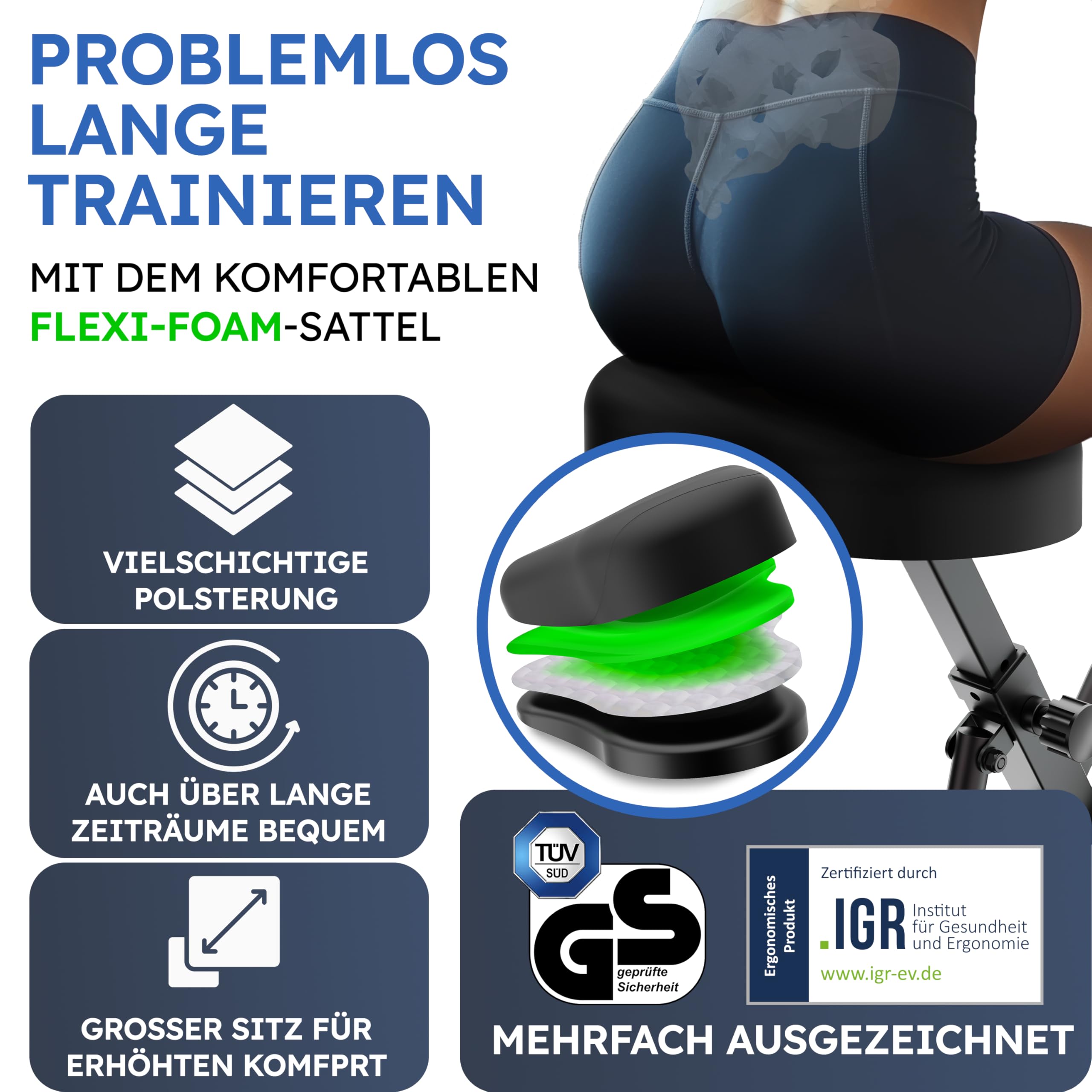 HELDENWERK Cyclette pieghevole set extra comodo e silenzioso [FlexiFoam] portata fino a 150 kg, ergometro, cyclette, cyclette, per anziani, fitness, per la casa