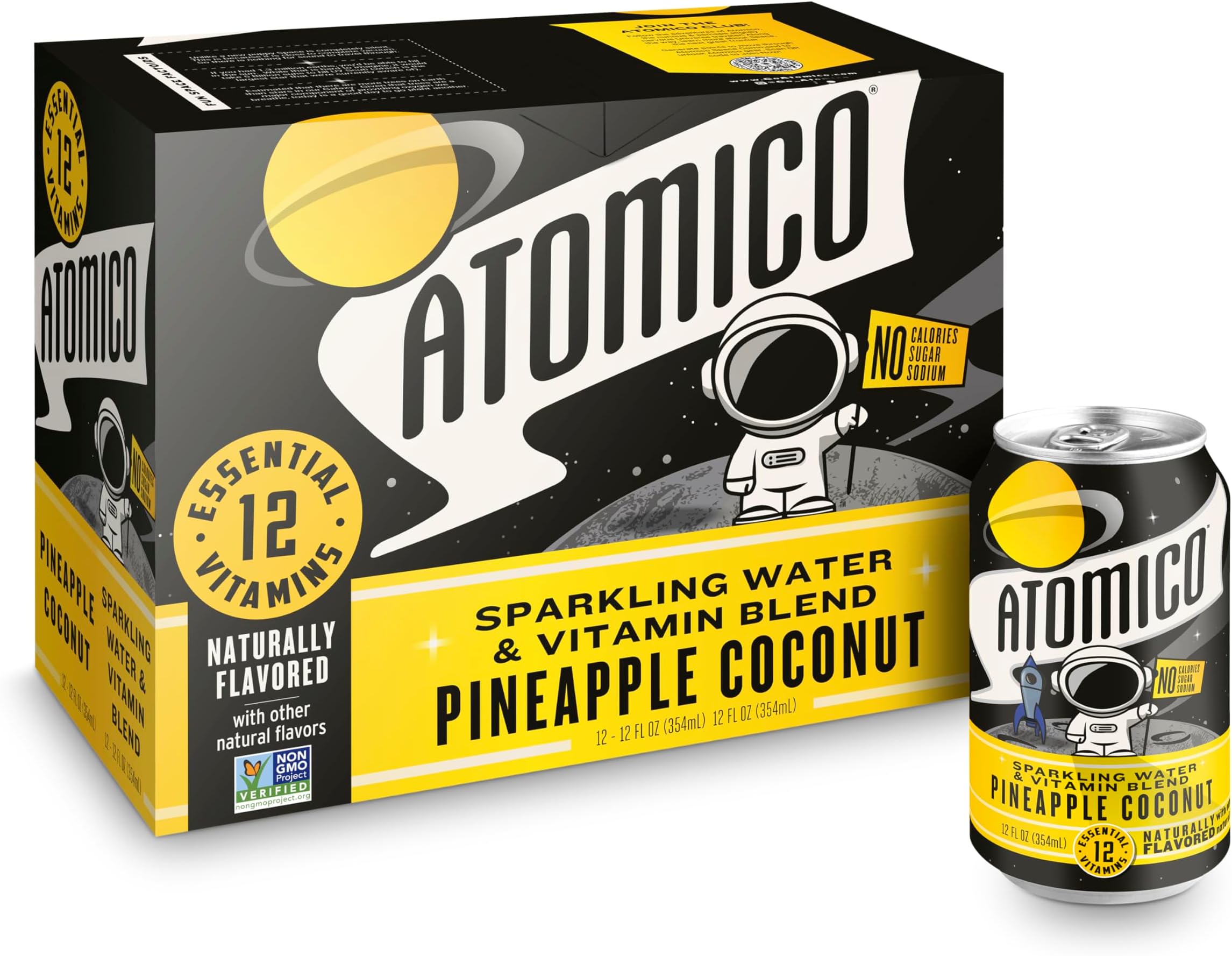 ATOMICO Sparkling Water. 12 Essential Vitamins from our proprietary organic blend. Naturally flavored. - Pineapple Coconut. Zero sugar. Zero calories. Zero Artifical sweeteners. Non-GMO