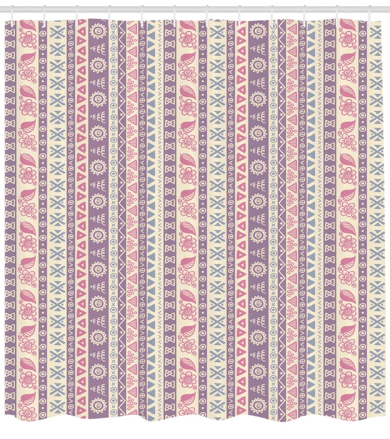 Ambesonne Striped Shower Curtain, Soft Tone with Elements Floral Leaf American Design, Cloth Fabric Bathroom Decor Set with Hooks, 69