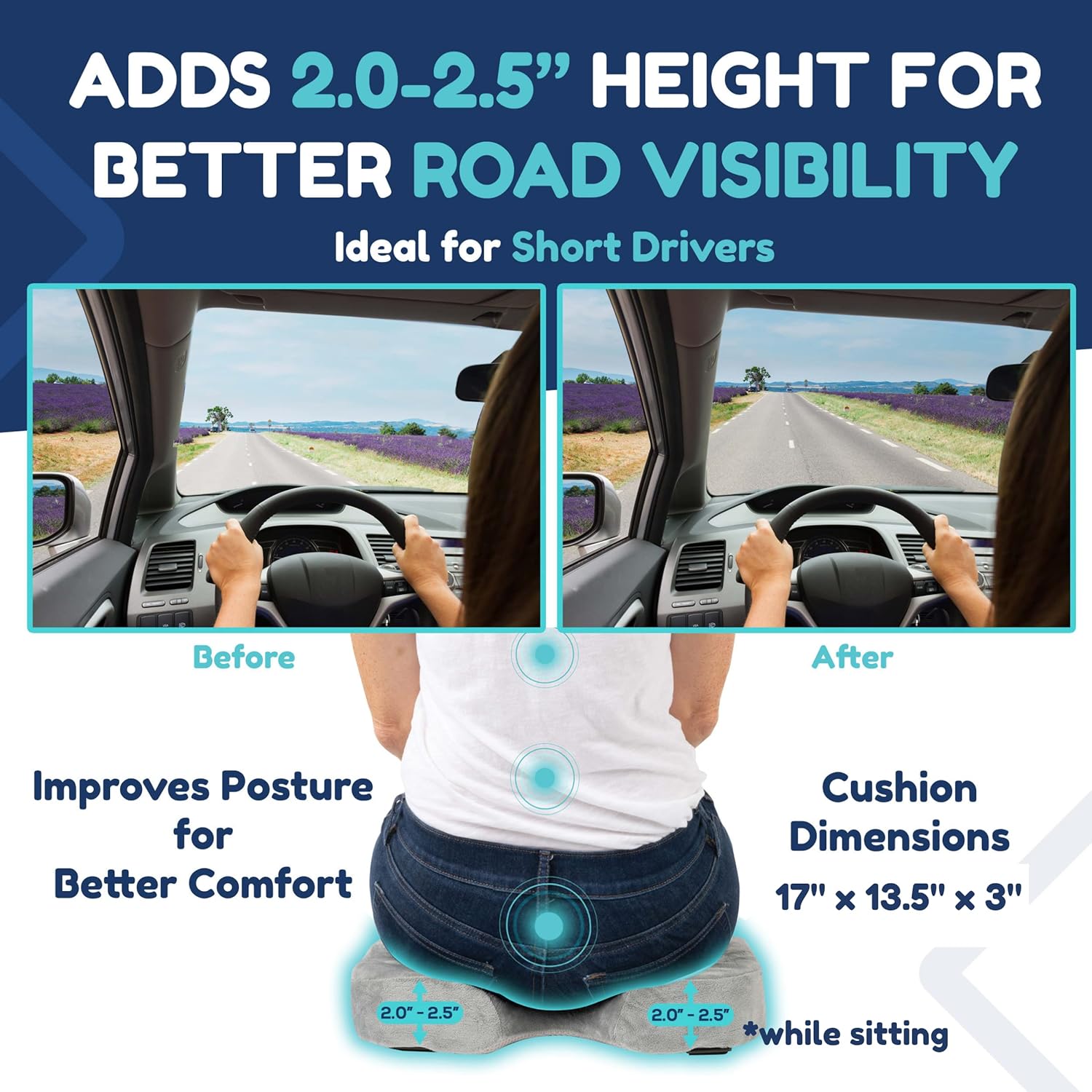 Car Seat Cushion - Firm Memory Foam Wedge Car Seat Cushions for Driving - Sciatica & Back Pain Relief for Long Drives - Auto Seat Cushion 17x17x3