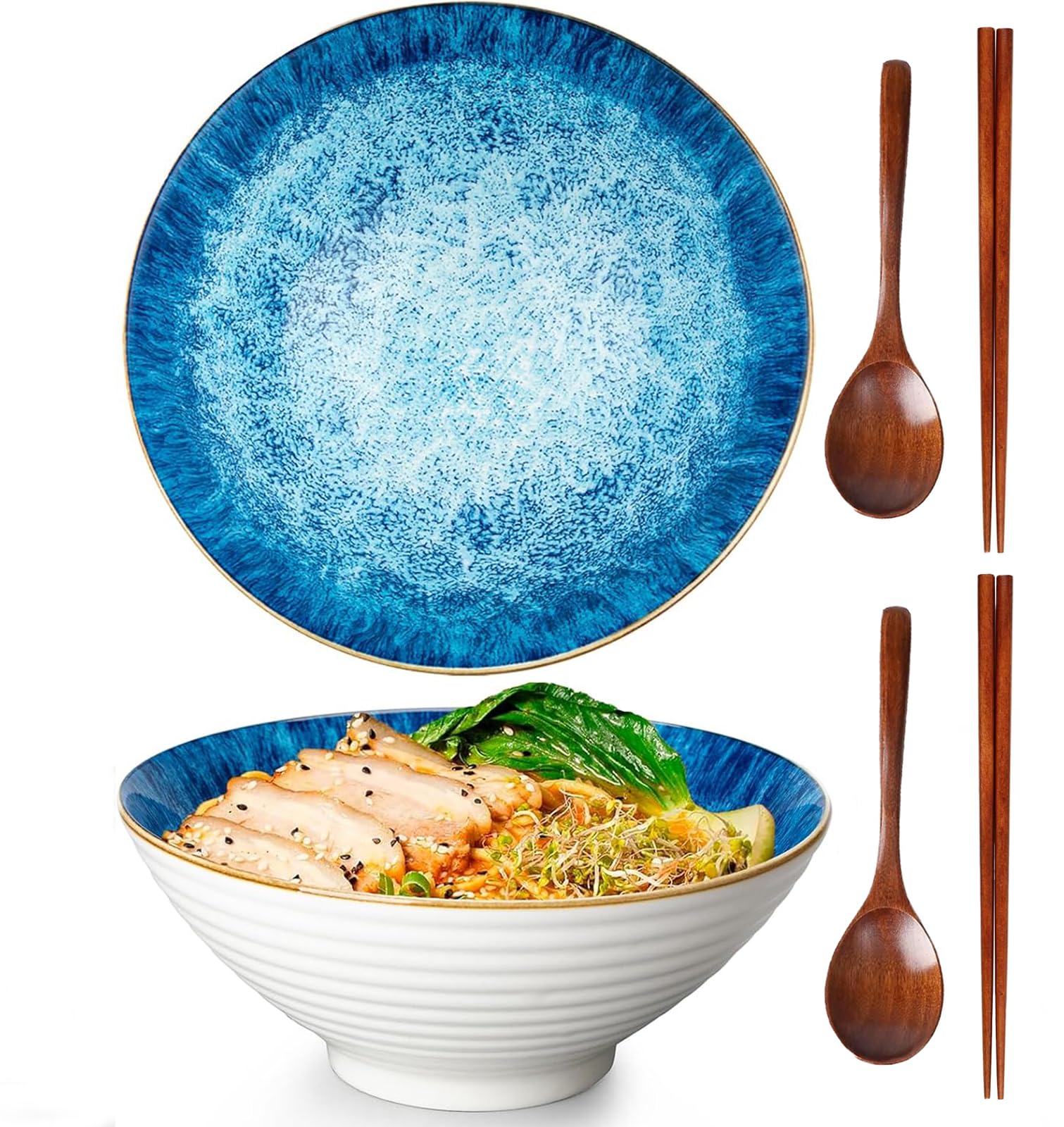 Bols à ramen en céramique avec baguettes et cuillères, Set de 2 de 1200 ml pour repas japonais