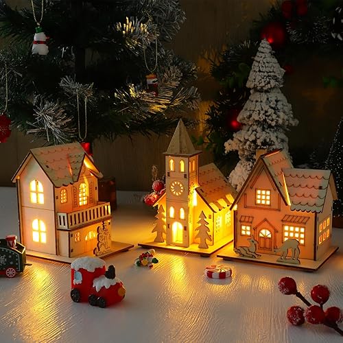 Miniatura 3 de Toyvian 3 piezas de casas de pueblo navideño casa de madera con luz LED con batería, decoración rústica sin terminar de pueblo de vacaciones,