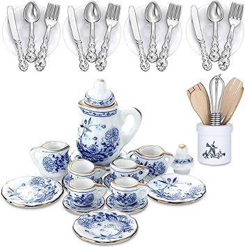 Skylety 37 Pieces 1:12 Scale Miniatures Dollhouse Kitchen Accessories Include 16 Doll Plates Knife Fork Spoon, 6 Egg Beater Utensil, 15 Tea Cup Set for Doll Toy Supplies(Blue Porcelain)