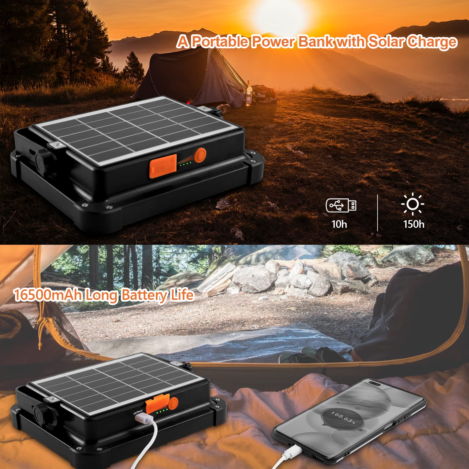 CosyEasy - Proiettore LED ricaricabile 100 W 10.000 lm, luce da lavoro, lanterna portatile con pannello solare, 16500 mAh, USB, ricaricabile, per campeggio, canto, garage, officina