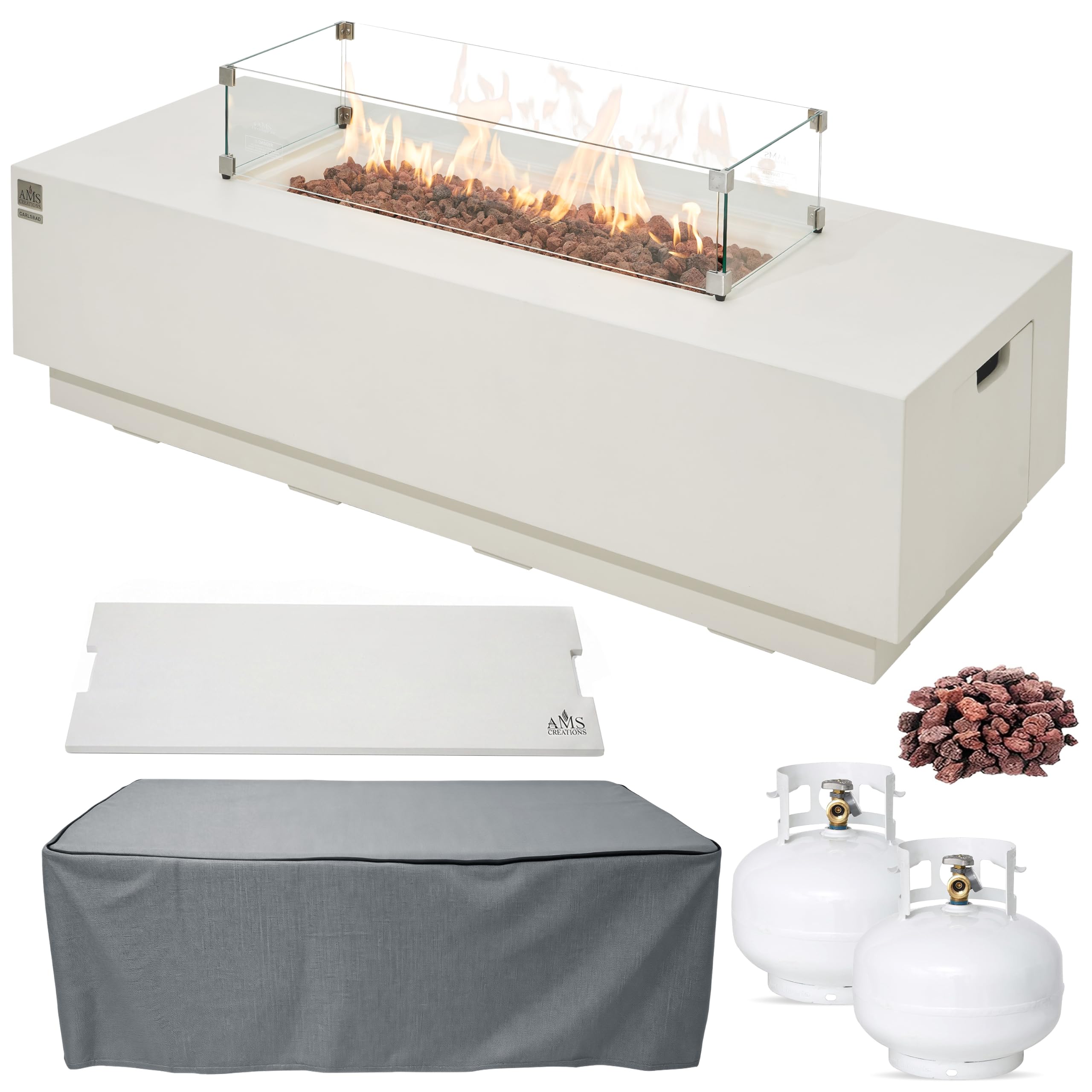AMS 66" Rectangular Concrete Propane Gas Fire Pit Table Bundle, Cream White