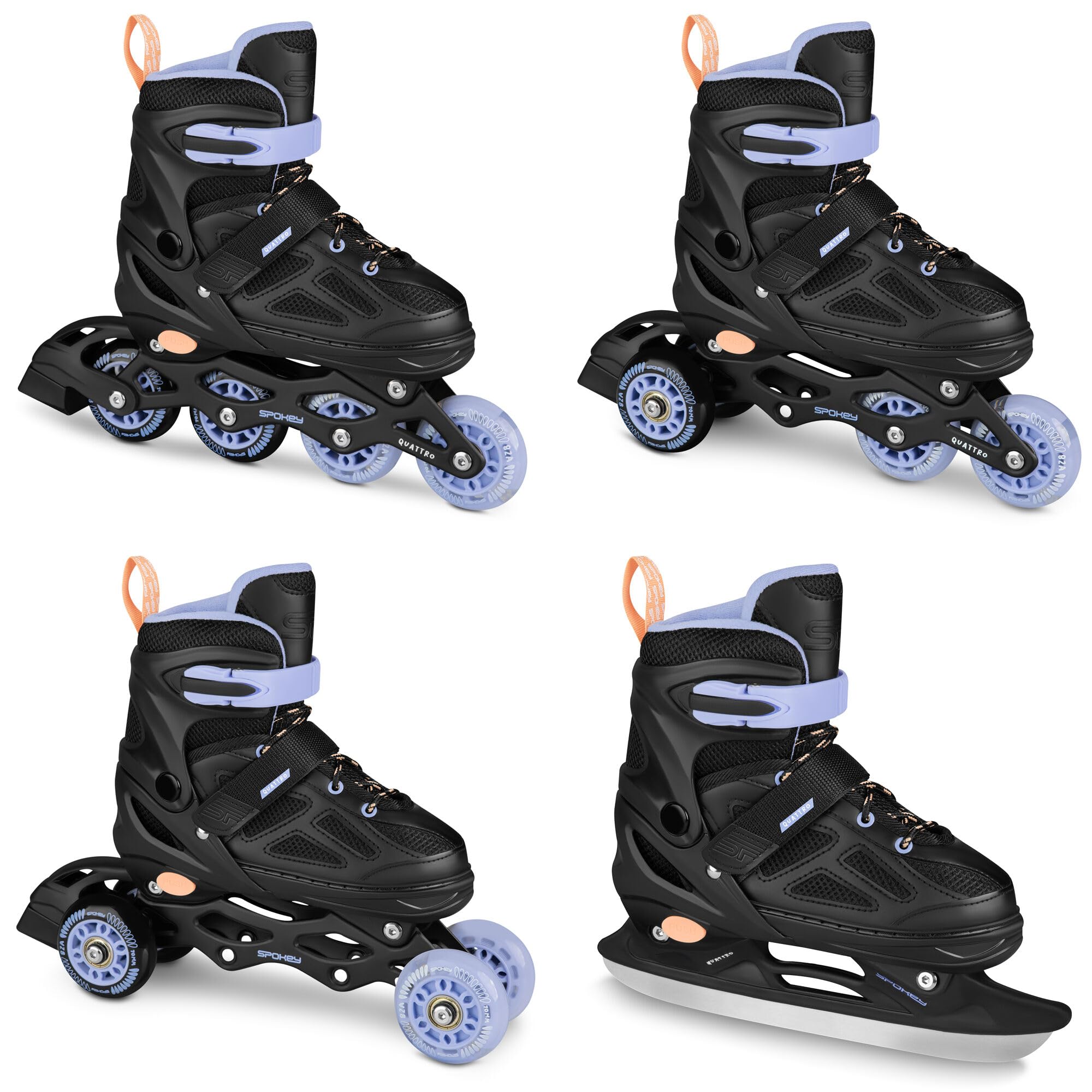SPOKEY QUATTRO Set 4 en 1 rollers / patins à roulettes / triskates / patins à glace réglables | pour enfants et adolescents | Rollers en ligne transformables en patins à roulettes | Tailles : 30-33,