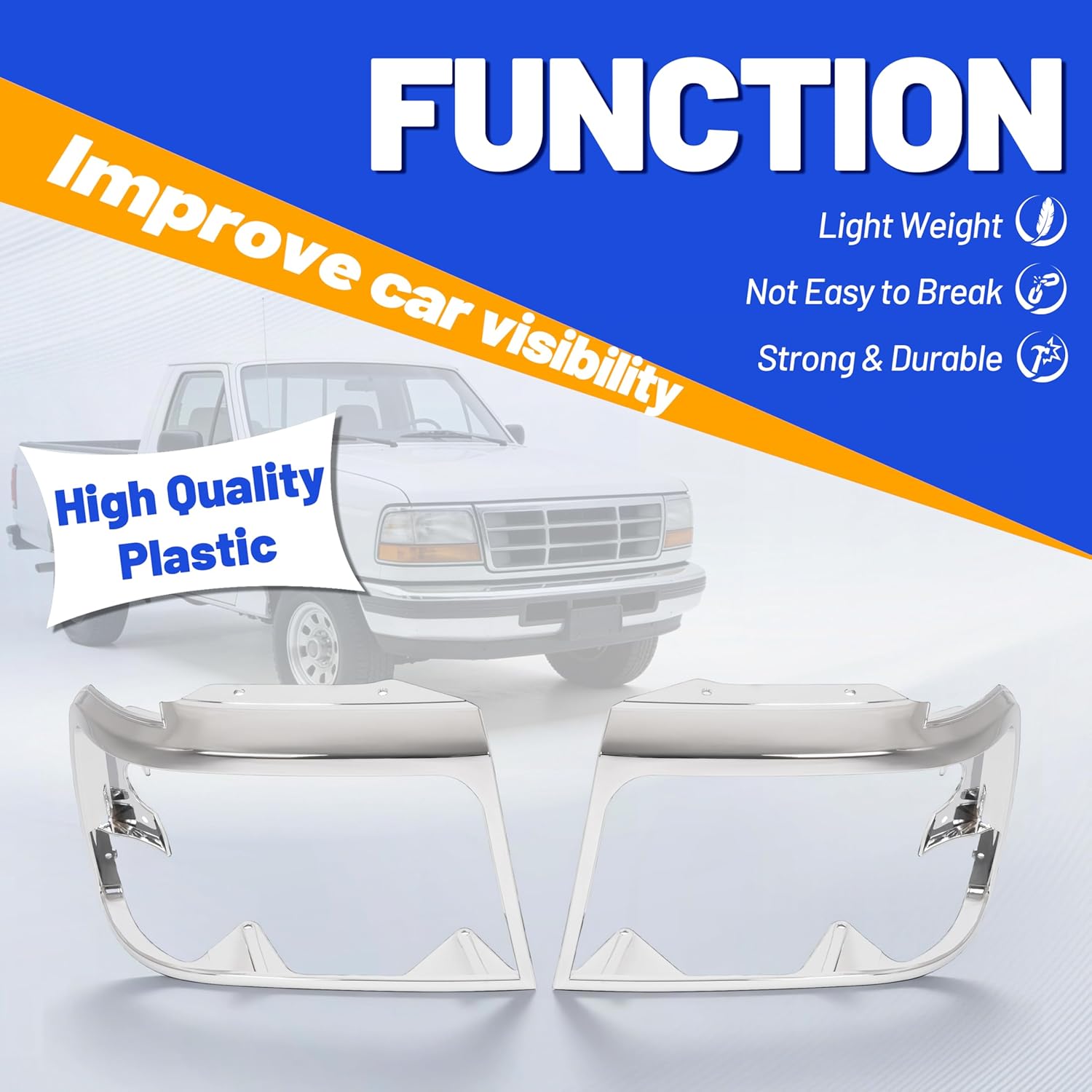 HECASA Headlight Chrome Trim Bezel Compatible with 1992-96 Ford Bronco, F150 Truck; 1992-97 F250 F350 F450 Truck RH & LH Headlamp Doors Pair Set