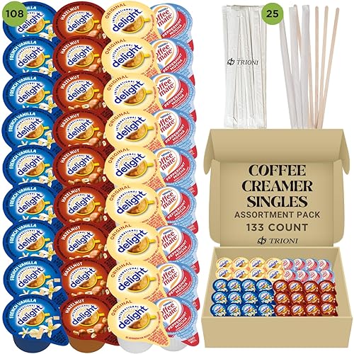 Paquete variado de Coffee Creamer Singles  133 unidades total de 4 cremas saborizadas sin refrigeración, moca de menta, vainilla francesa, avellana,