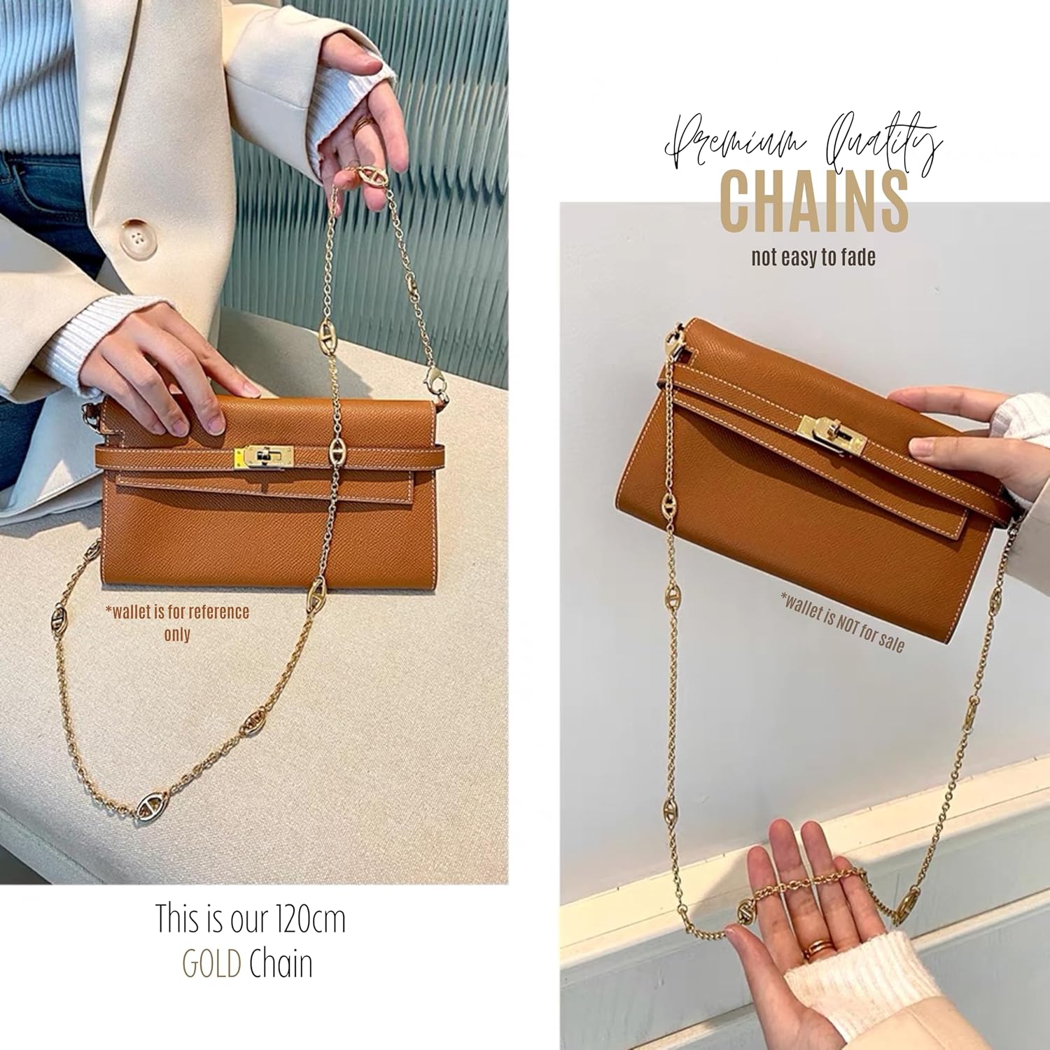 Premium Conversion Kit compatible with Kelly Wallet Insert — Handmade Perfect Fit, Wallet on Chain WOC with 120cm - 47" Silver/Gold Chain, 24+ Shades (Beige, Gold Chain)
