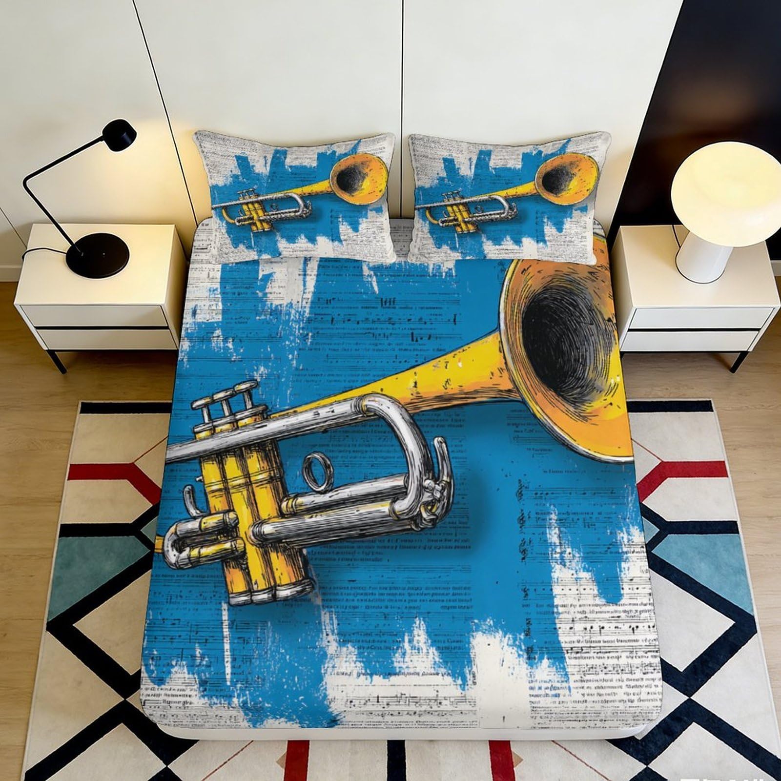 K1r3d9e5 Style-5 3D Printed Trumpet Art Fitted Sheet Microfiber Yellow Blue Music Theme Mattress Cover Bedroom Dorm Decor 90X200x25cm