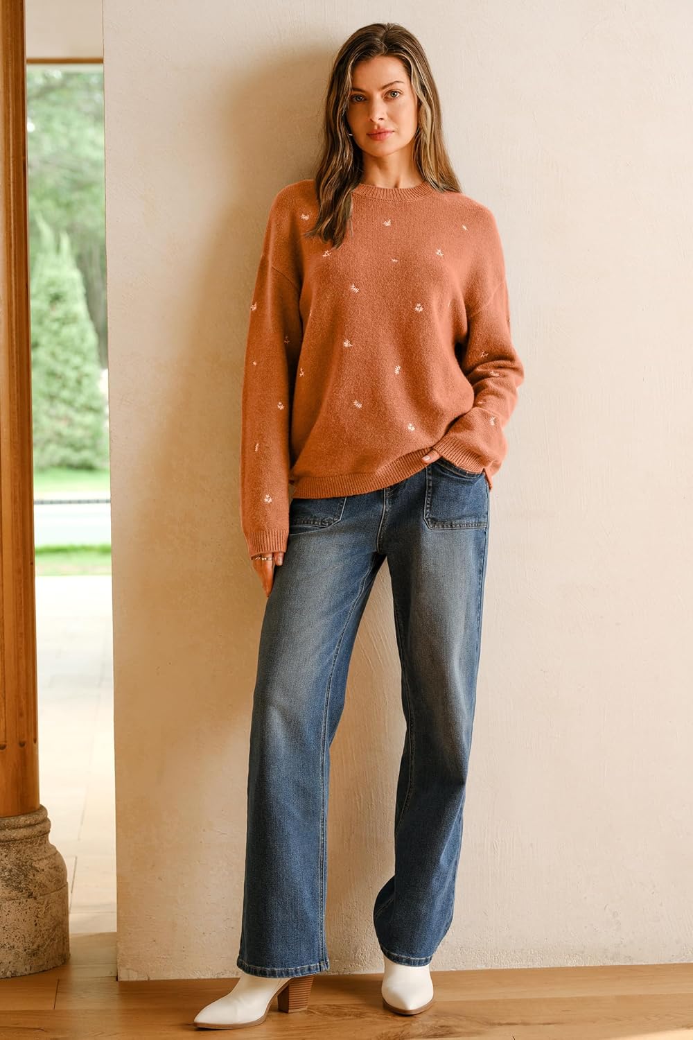 Arach&Cloz Womens Wool Blend Embroidery Floral Oversized Fit Sweater Trendy 2025 - Image 5