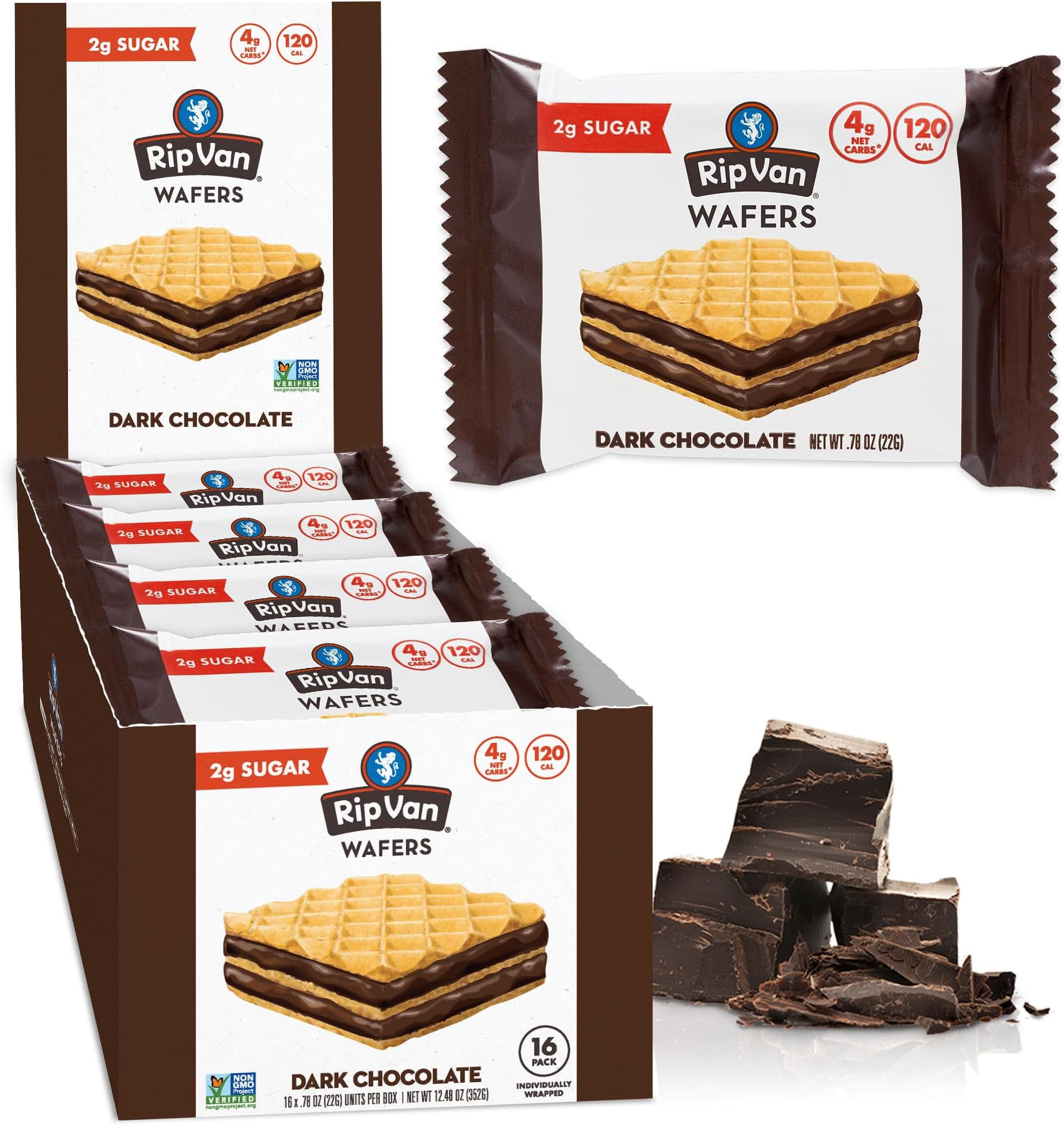 Rip Van Wafels Dark Chocolate Wafer Cookies - Healthy Snacks - Non GMO Keto Cookies - Keto Snacks - Low Carb, Low Sugar (2g), Low Calorie and Vegan Snack - 16 Count
