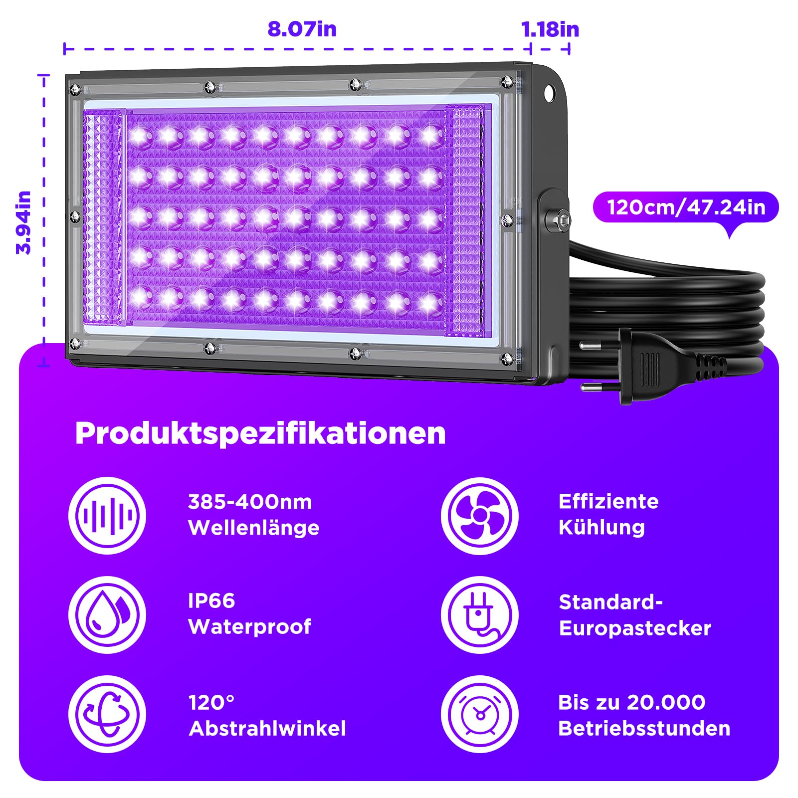 GKT 4 szt. reflektor 50 W, czarne światło, 385-400 nm czarne światło, nadaje się na Halloween, Boże Narodzenie, imprezę fluorescencyjną, światło utwardzania żywicą UV, wyświetlacz ze szkła uranowego