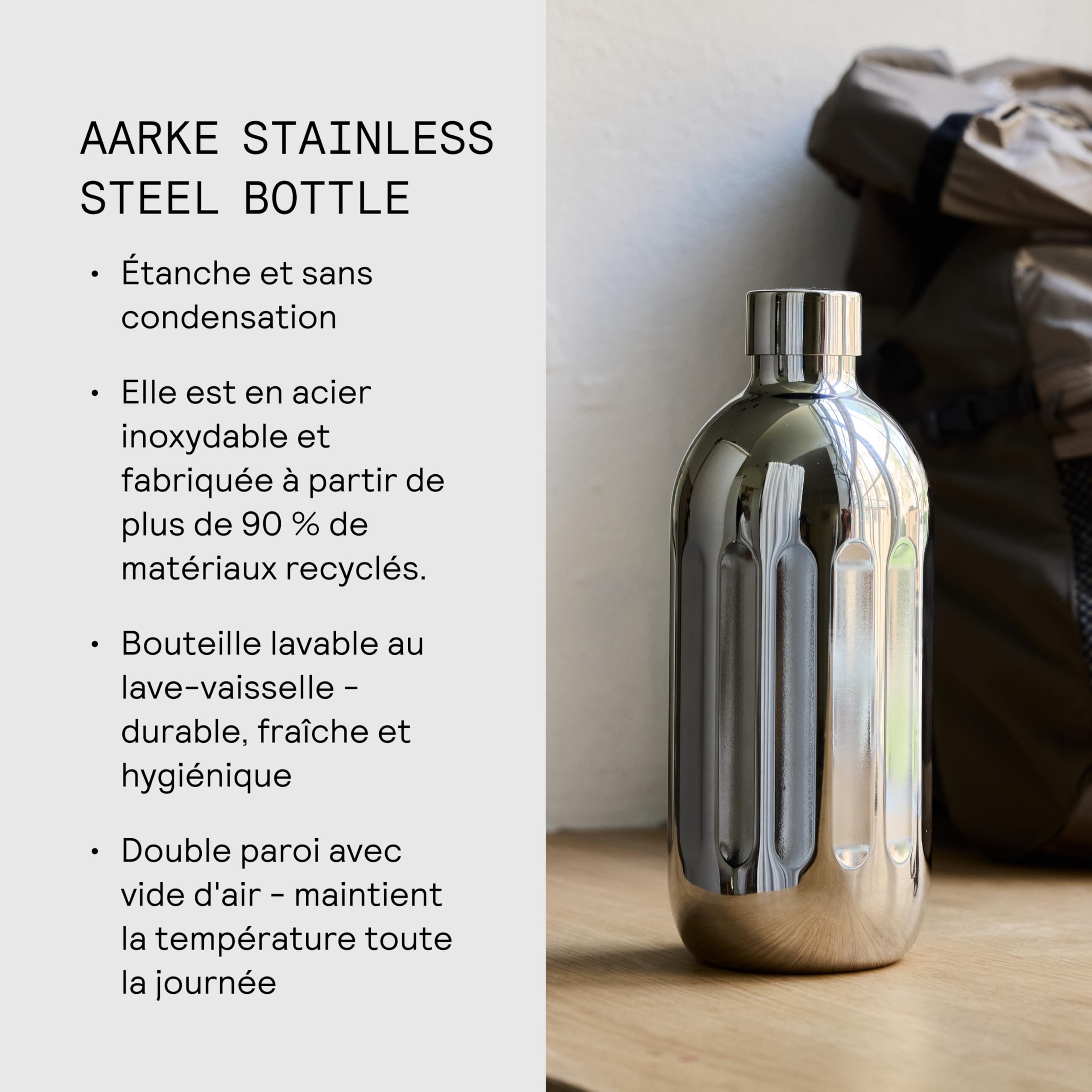 aarke Bouteille To-Go en Acier Inoxydable – Bouteille Isotherme pour Eau Plate & Pétillante, Compatible Carbonator PRO, Double Paroi, Étanche, Lave-Vaisselle, Capacité : 800 ml
