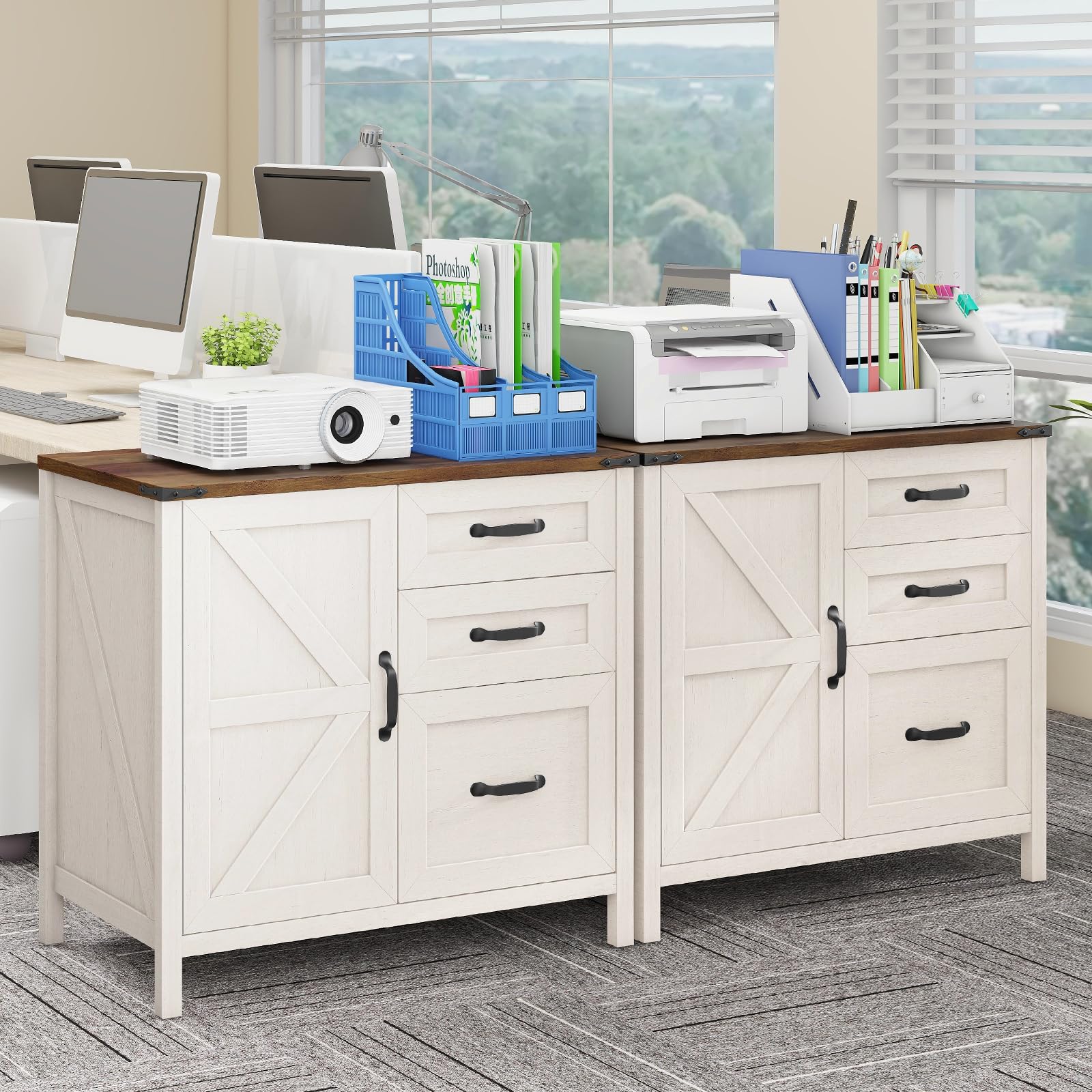 BonVache Meuble de Rangement Bureau 3 Tiroirs, Armoires à classeurs latéraux Style Campagnard, Meuble Imprimante avec Rangement, Blanc Rustique pour Dossiers Suspendus A4/Letter, 80 cm