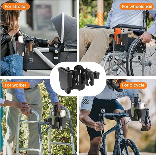Miniatura 7 de Portavasos para silla de ruedas, 2 en 1 con soporte para teléfono, soporte ajustable para bebidas para silla de ruedas, andador, cochecito, rodillo,