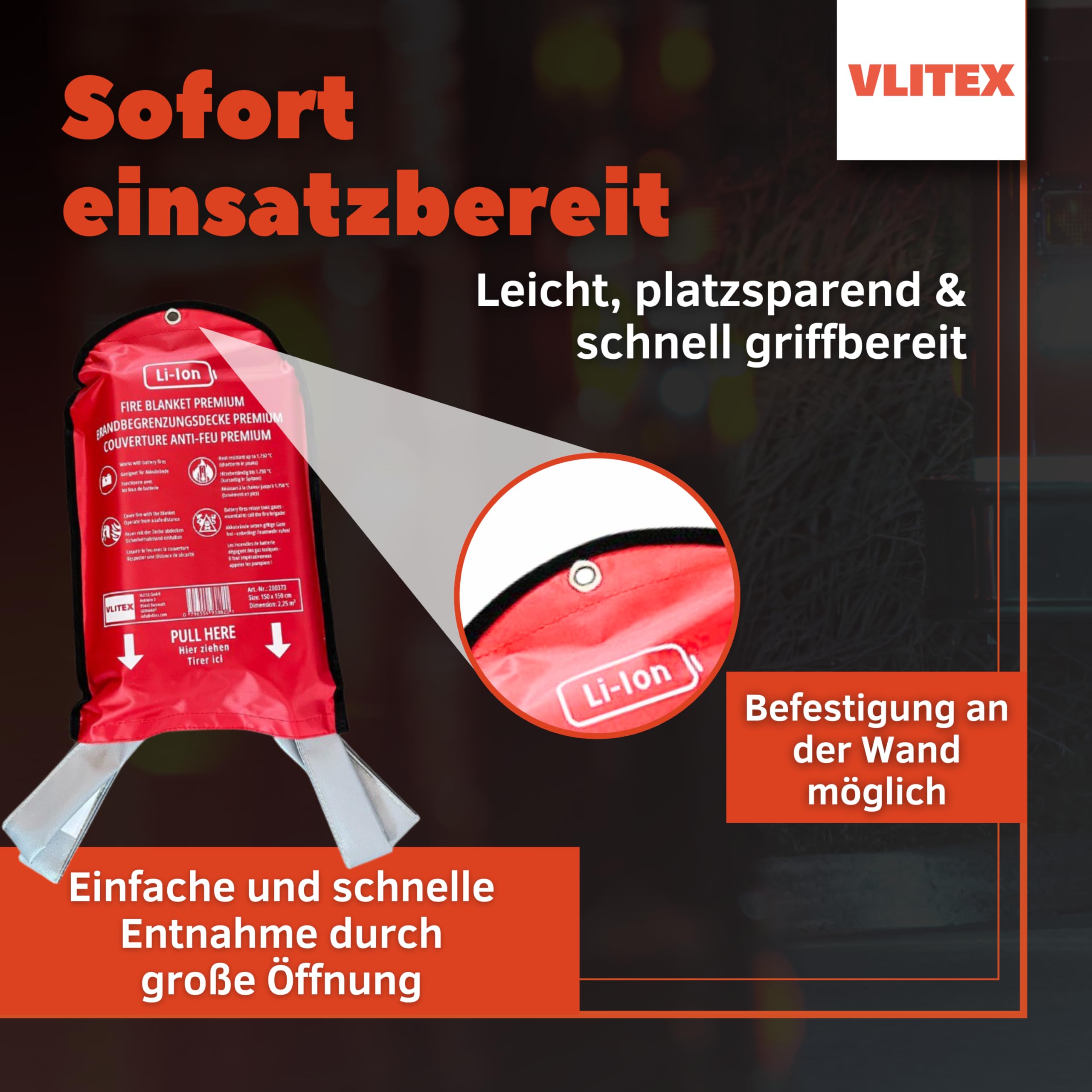 VLITEX Löschdecke 1,5 x 1,5 m – Feuerschutzdecke & Brandschutzdecke für Küche, Laptop, Akkuwerkzeuge – Branddecke für Lithium Akkus, Batteriespeicher & Elektrobrände im Haushalt