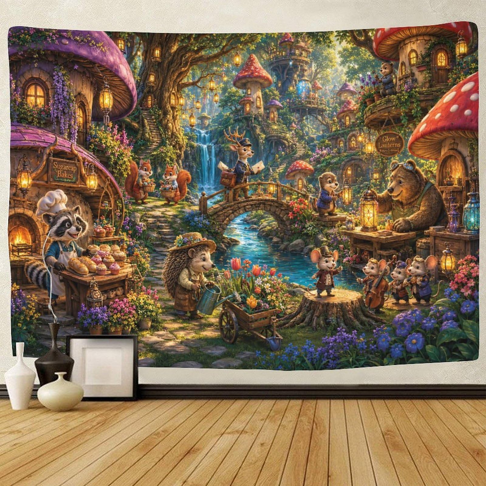 GPMNBCXZK Mushroom Village Animals 3D Print Tapestry for Bedroom Wall Art Decor Tapestries Poster Curtain Bedroom Dorm 180cmx230cm