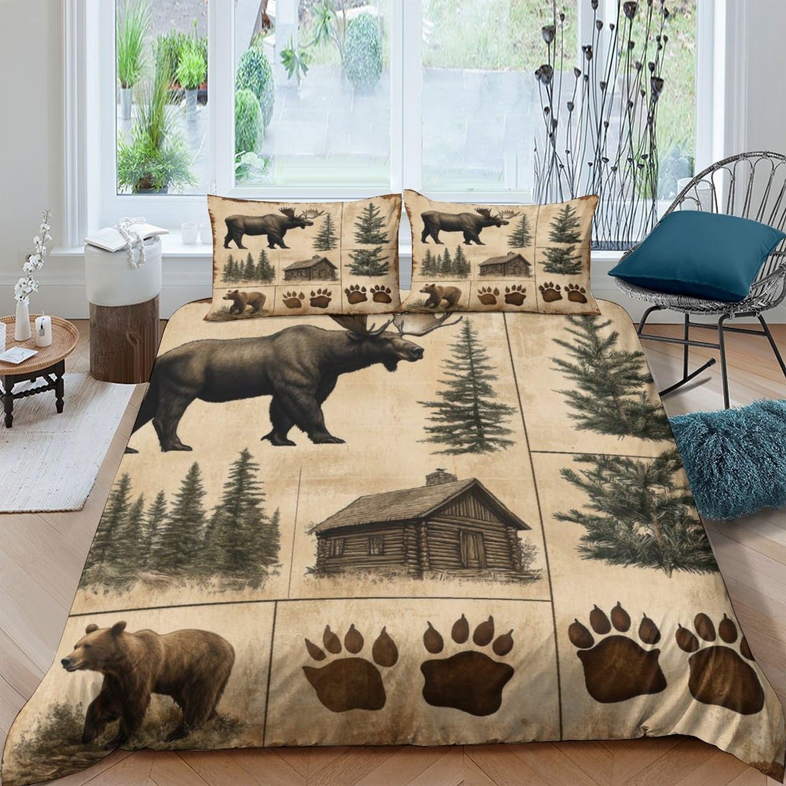 TUFRTGYHN 3D Printed Bear Forest Duvet Cover Microfiber Soft Breathable Cabin Lodge Bedding Set with 2 Pillowcases for Bedroom Decor Single（135x200cm）