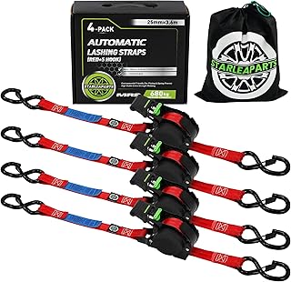 STARLEAPARTS 4 correas tensoras automáticas con gancho en S, enrollador automático de 3,6 m x 25 mm, 340 kg/680 kg, correas tensoras retráctiles con trinquete para moto, kayak y camión, color rojo