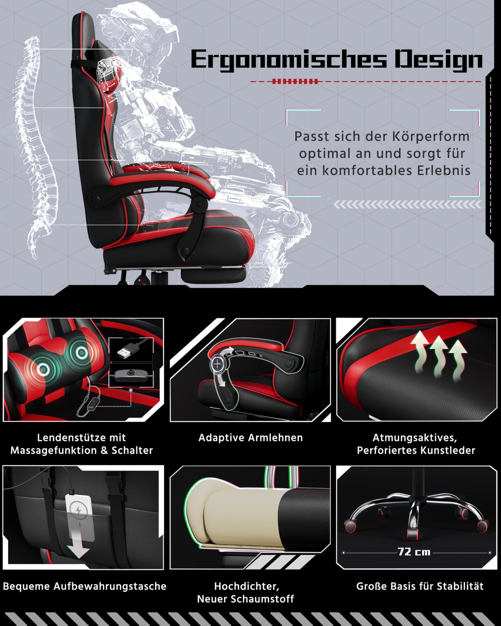 Yaheetech Gaming Stuhl Ergonomischer Gaming Sessel mit Massagefunktion Computerstuhl mit Fußstütze Bürostuhl 90-135° Rückenlehne verstellbar Gamer Stuhl für für Homeoffice und Gaming Rot – Bild 5
