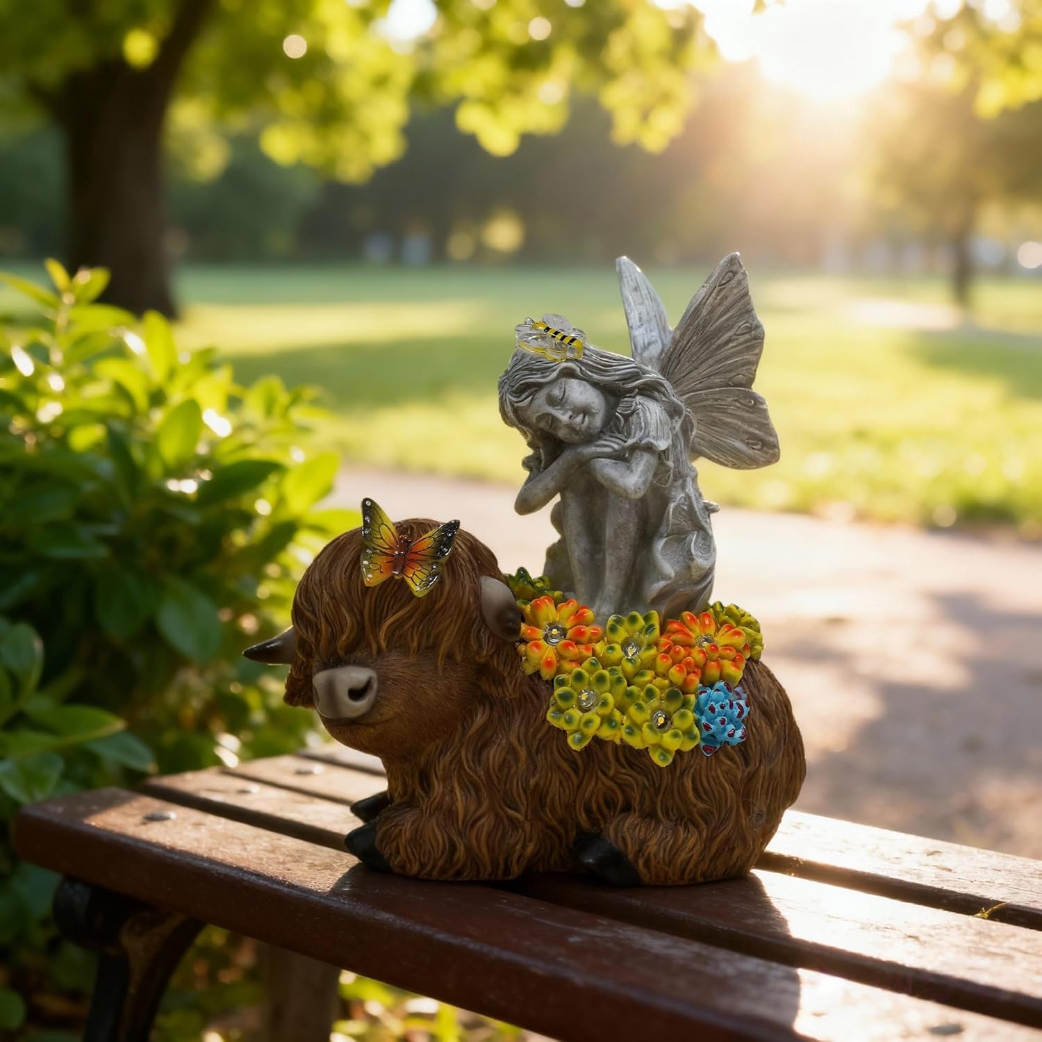 Solar Angel Sitting on Highland Cow Angel Garden Decor Statue Butterfly Bee Succulent LED Lights Housewarming Gift for Mom Women Outdoor Decorations for Yard Patio