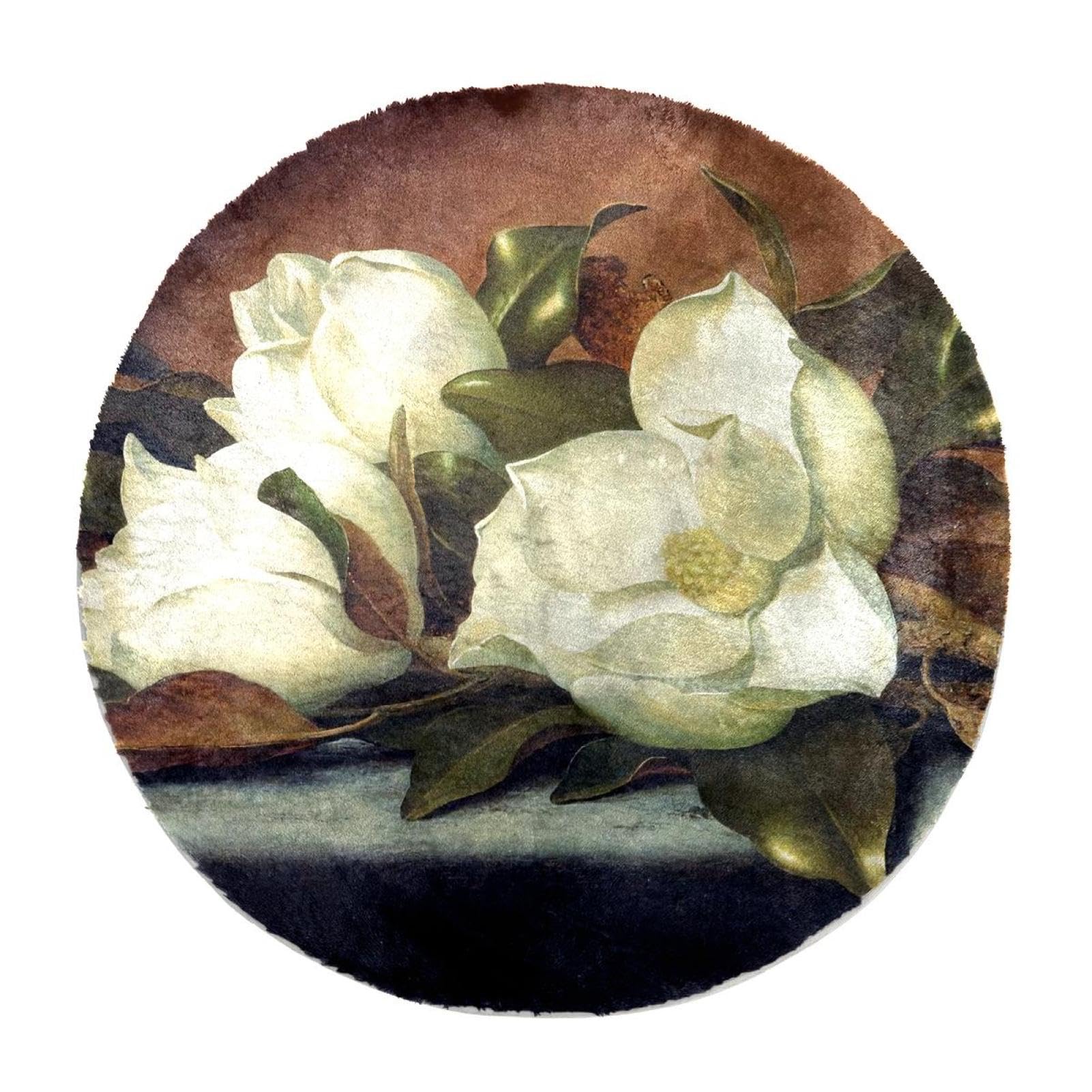 Tapis à poils longs rond 60 cm motif magnolias au tissage haute densité