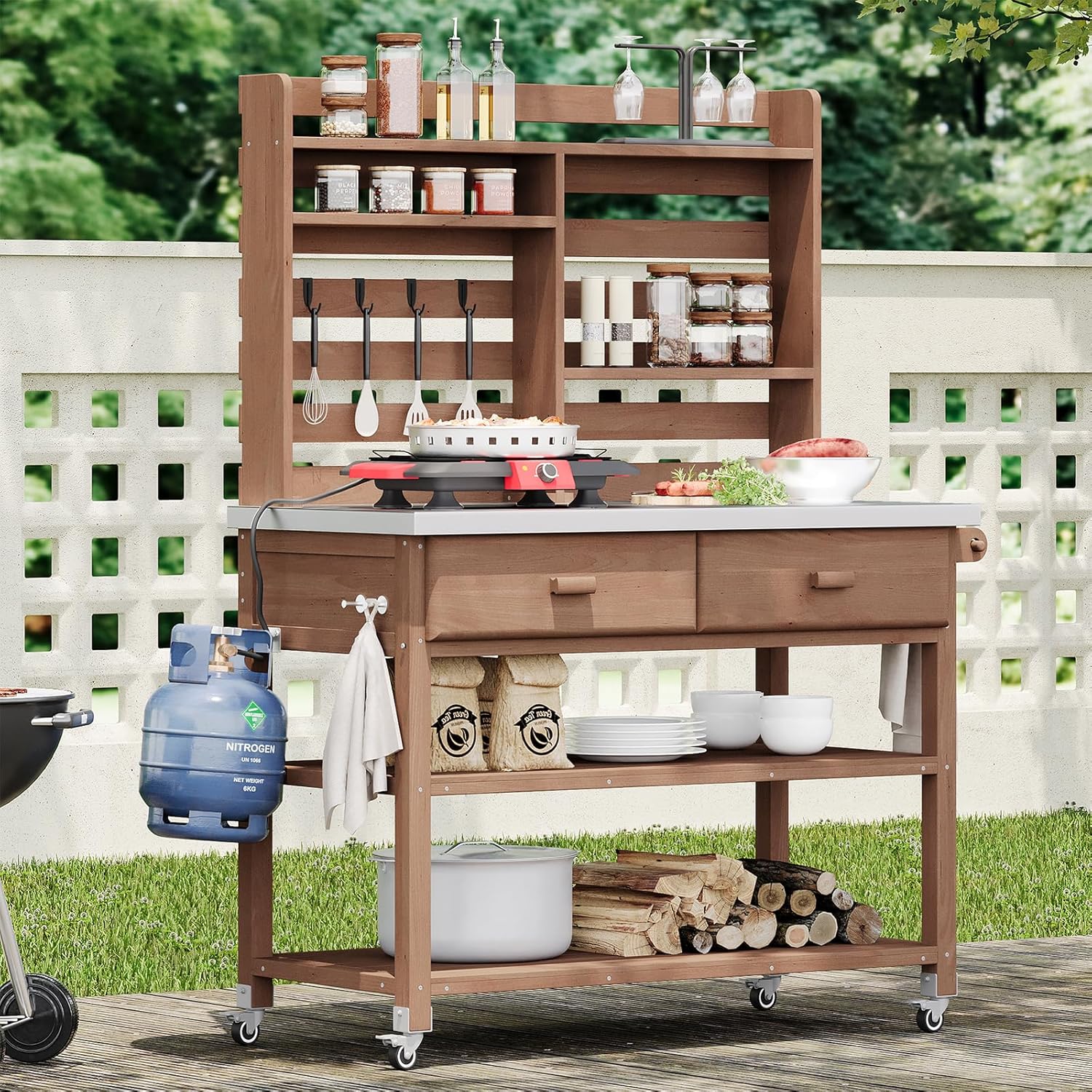 Outdoor Potting Bench Table 64.9" H with Lockable Wheels, Solid Wood Storage with Upper Hutch, Stainless Steel Top & Towel Rack for Garden, Patio, Greenhouse & Grilling,Brown
