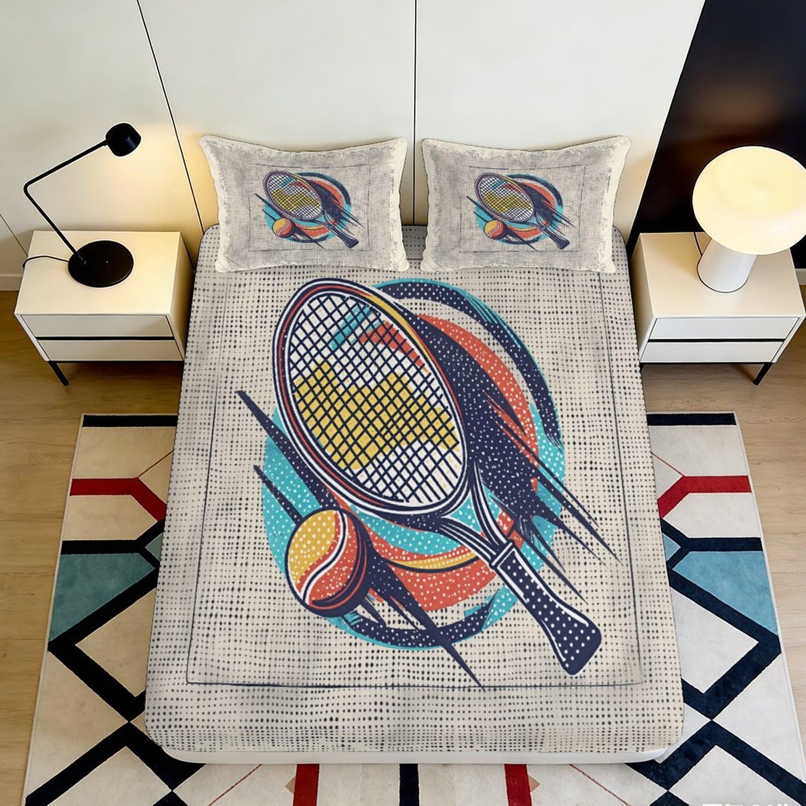 3D Printed Tennis Racket Fitted Sheet, Microfiber soft touch, vibrant sports pattern, wrinkle resistant, guest room bedding, easy care bed cover, home decor accent 90x200x25cm